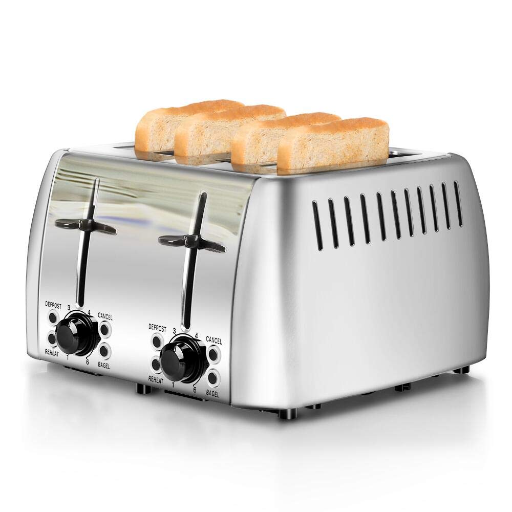 prepAmeal Toaster 4 Slice Stainless Steel Bagel Toaster Extra Wide Slots with 6 Browning Setting, Bagel/Reheat/Defrost/Cancel Function for Toasting Bread, Bagels and Waffles, 1500W, Silver