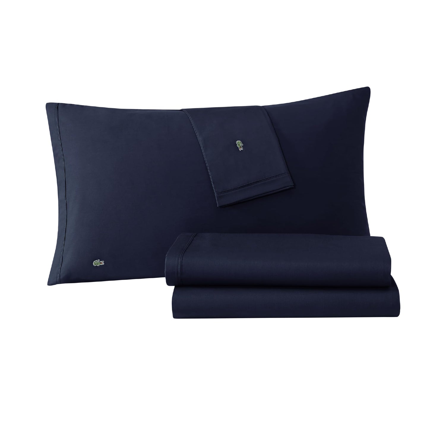 Lacoste 100% Cotton Percale 4-Piece Sheet Set – Crisp Cool Breathable All-Season Bedding, Oeko-Tex Certified, Soft Matte Finish, Durable Premium Cotton – Solid, Navy, Queen