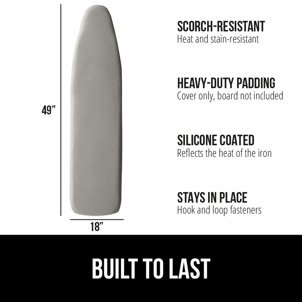 GORILLA GRIP The Original Ironing Board Cover and Pad, Silicone Coating, 400°F Scorch Resistant Thick Padding, Heavy Duty Iron Covers Standard Boards, Hook and Loop Fastener Strap, Silver 18x49