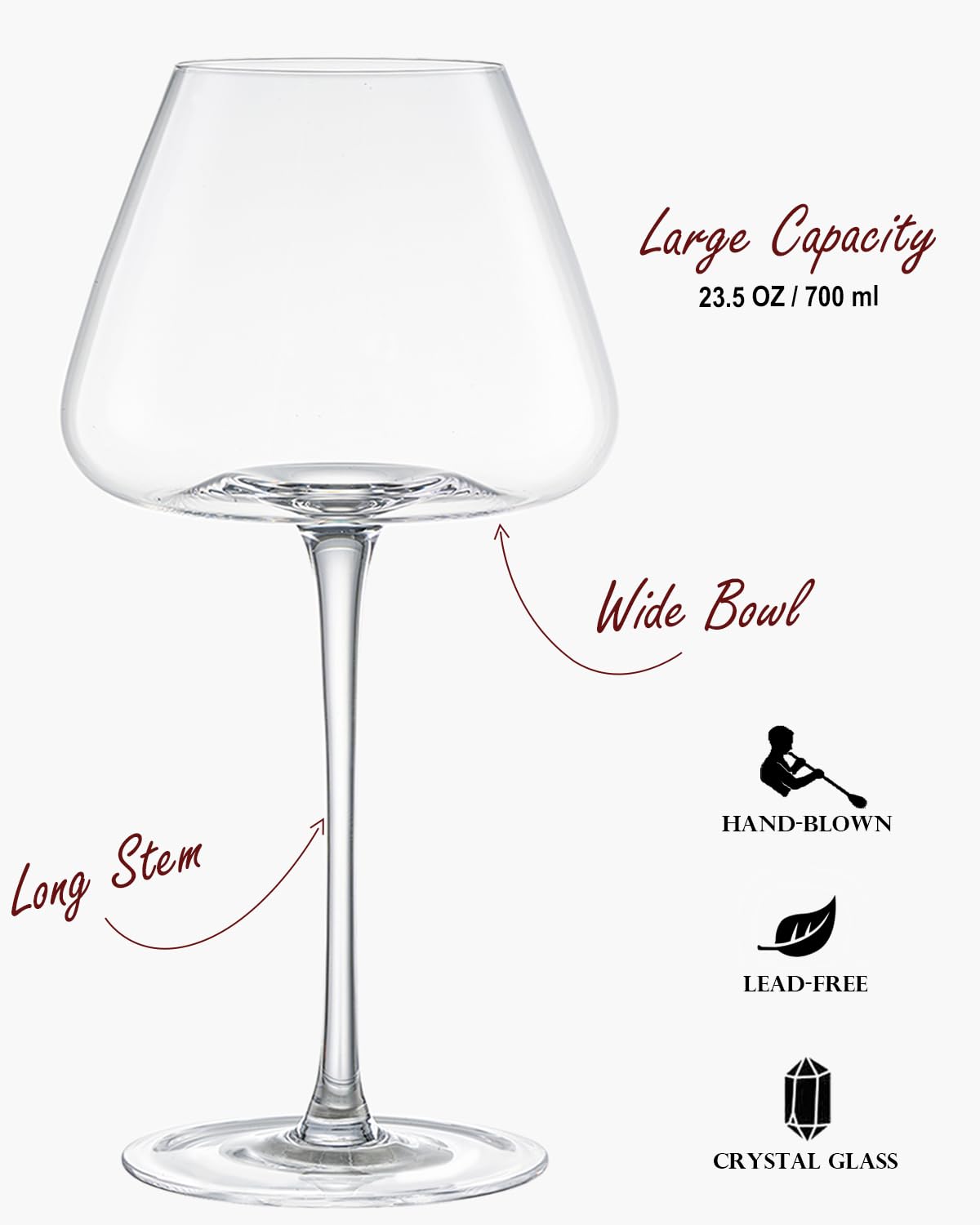 iridisenti Hand-Blown 23.5OZ Crystal Wine Glasses Set of 4 for Pinot Noir, Burgundy, Bordeaux, Large Lead-Free Crystal Glasses with Unique Bottom Design for Red, White Wine, Big Oversized Glasses