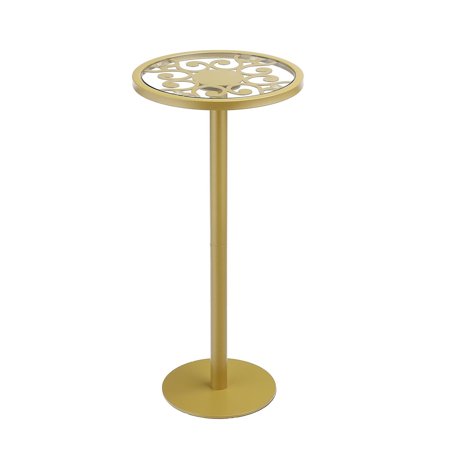 ZEXVIDA Gold Drink Table, Indoor Outdoor Small Round Side Table with Tempered Glass Top & Scroll Design, 24.7" Metal Pedestal End Table for Living Room, Patio, Small Spaces, Weather Resistant