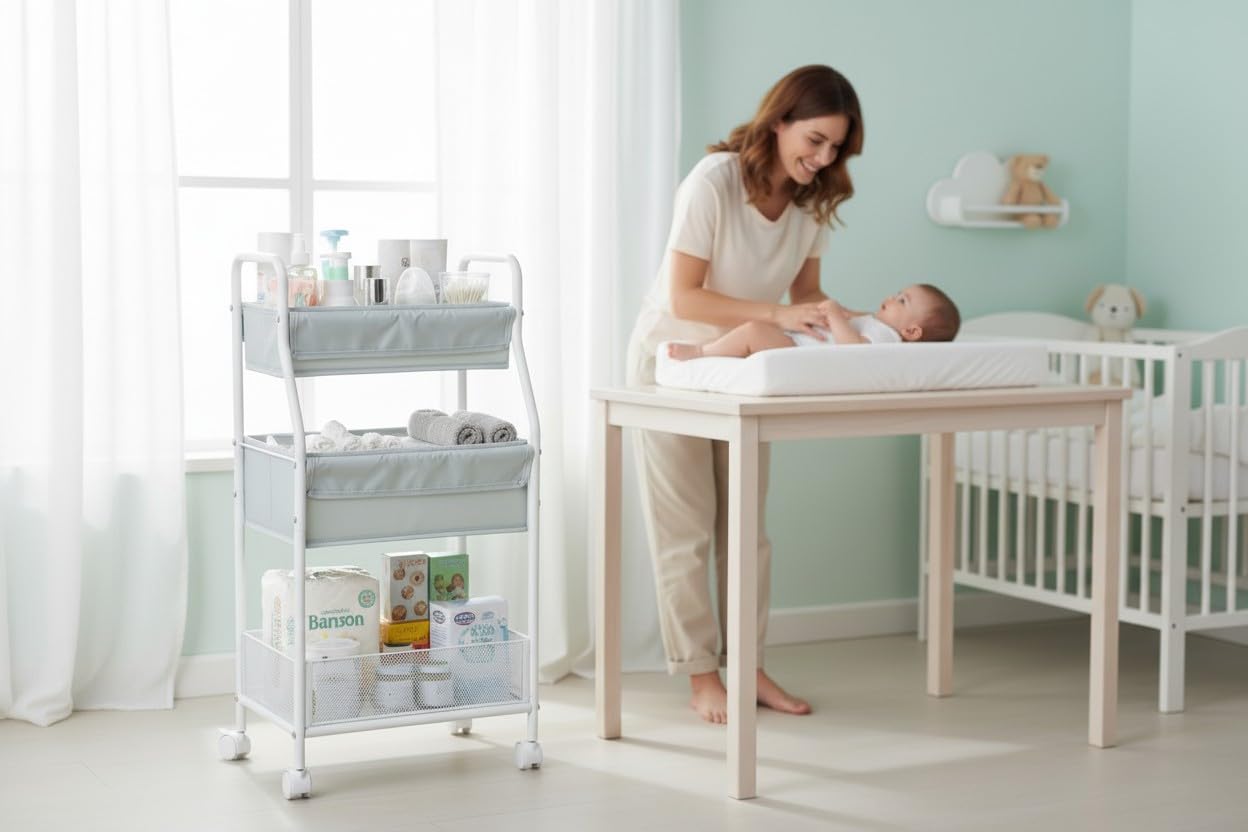 Moteph Rolling Utility Cart with Wheels, 3-Tier Diaper Cart, Rolling Nursery Cart & Baby Caddy Organizer for Nursery Essentials, Bedside/Postpartum Cart, Craft & Art Storage, Rolling Book Cart