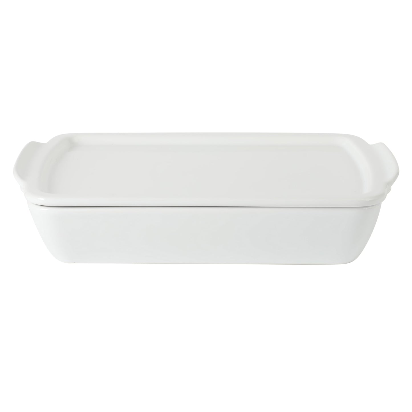 Gibson Home Gracious Dining 2.6-Qt White Stoneware Covered Baking Dish w/Multi-Purpose Lid – 12.7" x 9" Rectangular Oven Safe Casserole, Lasagna & Roasting Baker, Lid Doubles as Serveware or Trivet