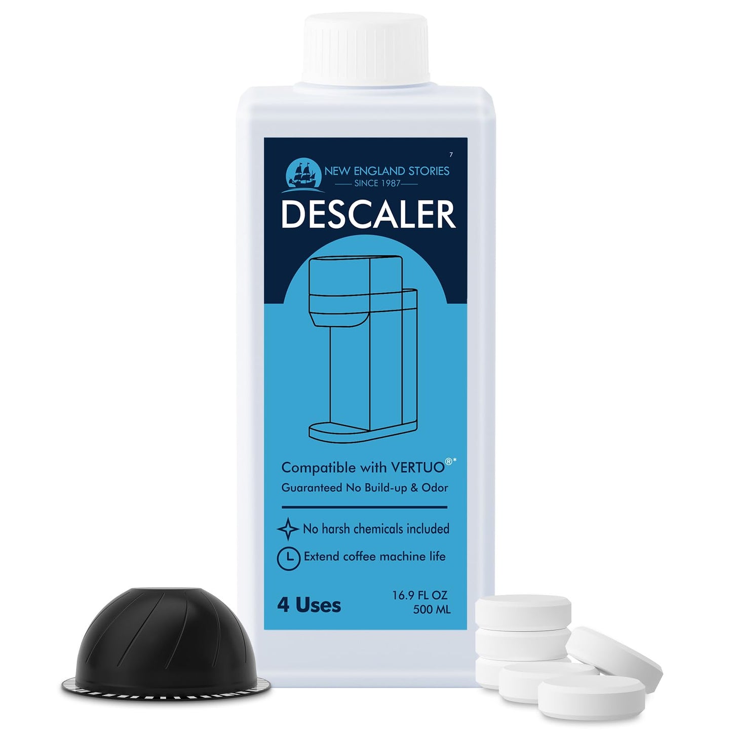 (12 Months Supply) Descaling Kit Compatible with Nespresso Vertuo, Odorless Coffee Brewer Machine Descaler Set, Liquid Descaling Solution for Nespresso, Includes Reusable Pod and 12 Cleaning Tablets