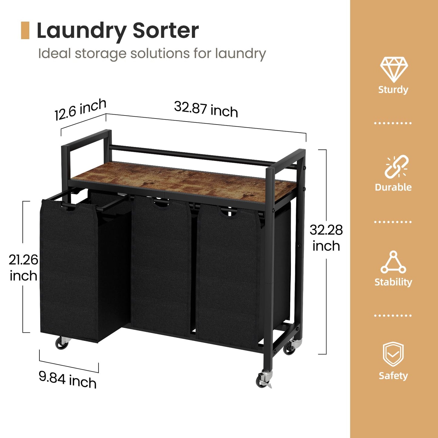 SwaaVee Laundry Sorter, Laundry Hamper 3 Section, 3×11.4Gal, Metal Frame Rolling Laundry Basket with Wooden Top Shelf, Pull out and Removable Laundry Bags, 3 Bags-Black