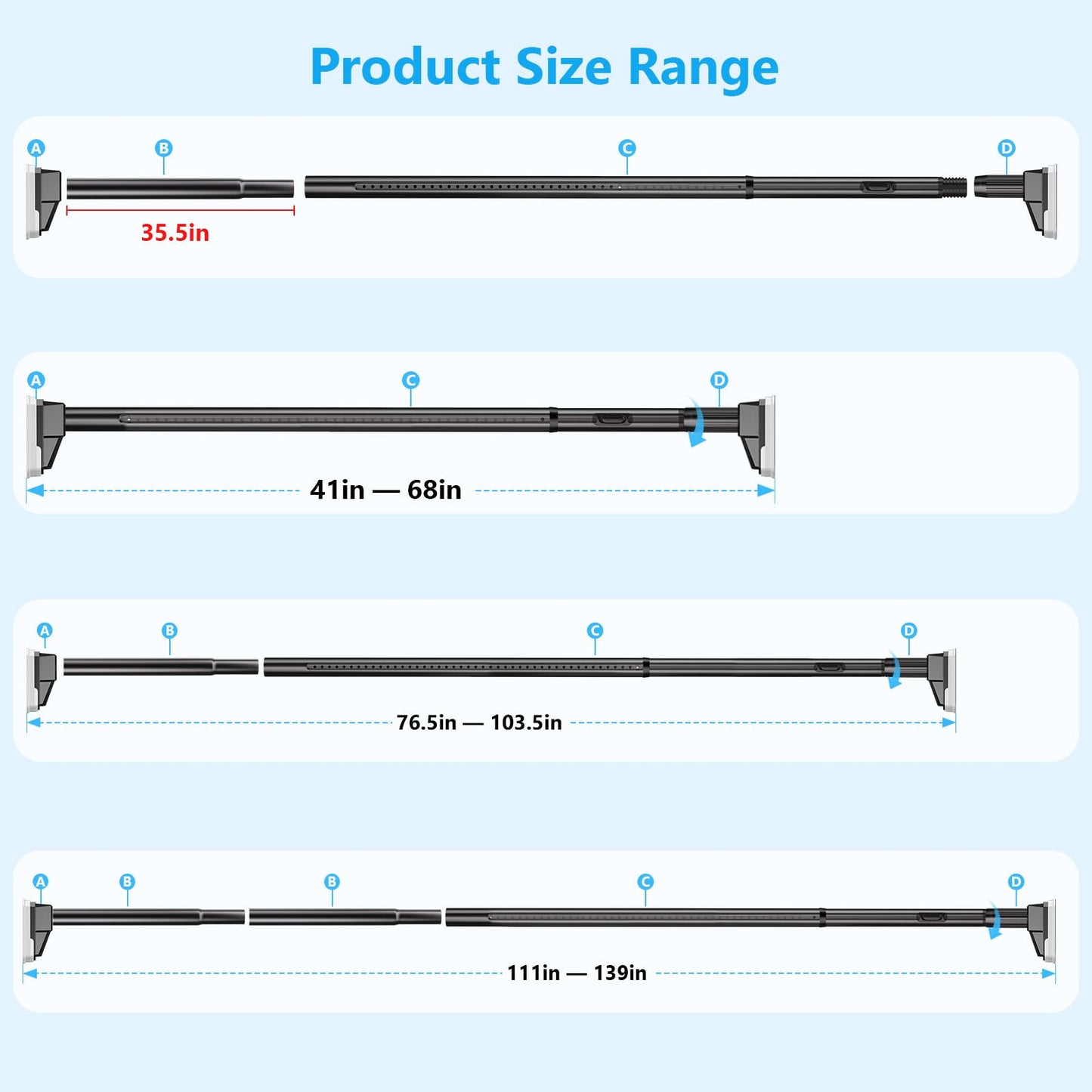 FADOTY Tension Curtain Rods No Drilling, Extra Long Tension Rod 41-139 Inch, Heavy Duty Shower Curtain Rod for Outdoor Patio Bathroom Windows Room Divider, Adjustable, Anti-Slip, No Rust, Black