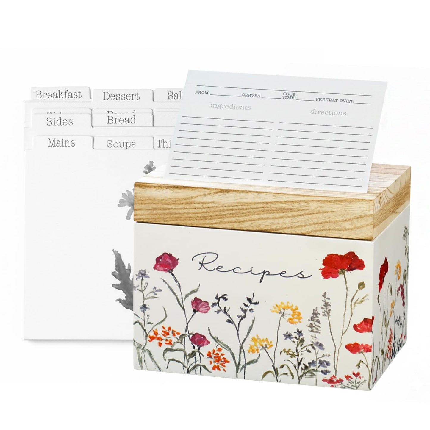 SENSORY4U Wooden Recipe Box with Cards & Dividers – Wildflower Floral Design – Includes 100 4x6 Recipe Cards, 12 Dividers & Built-In Recipe Holder Slot – Rustic Farmhouse Kitchen Organizer