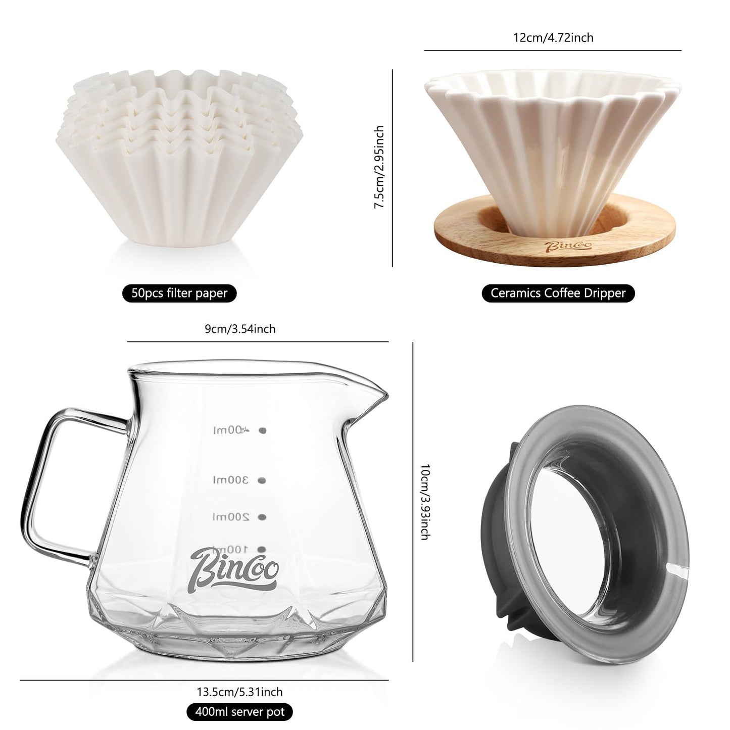 Bincoo 400ML Pour Over Coffee Maker Set with Filter Paper,Ceramic Pour Over Coffee Dripper 1-2 Cups-Professional Coffee Brewing Pot for Home Office(White)