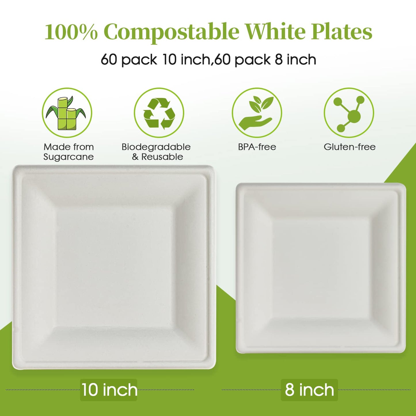 ECOLipak 120 Pack Compostable Paper Plates, 10 inch and 8 inch Heavy Duty Eco friendly Sugarcane Biodegradable Disposable Square Plates for Party Dinner Birthday