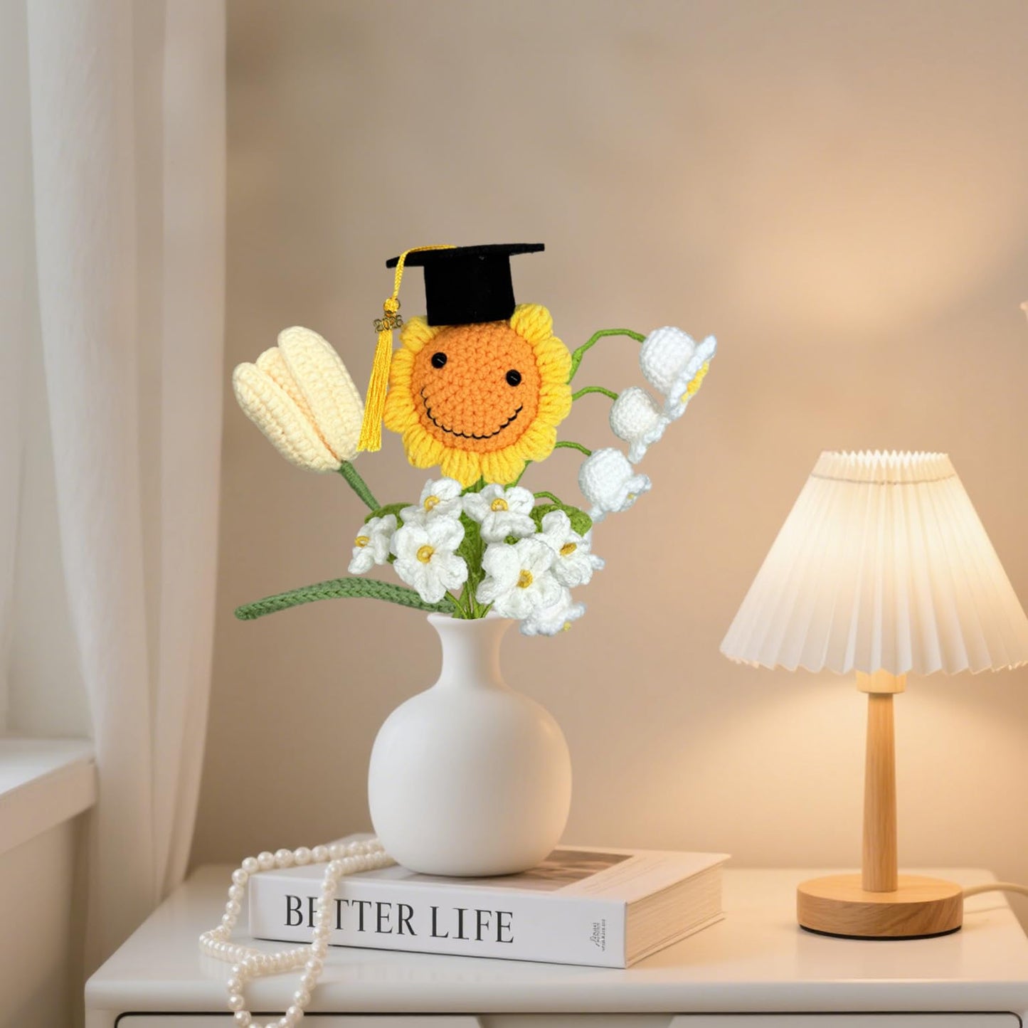 Cayiibe Graduation Gifts Sunflower Crochet Flowers Bouquet with Greeting Cards Handmade Knitted Artificial Flowers Home Decor