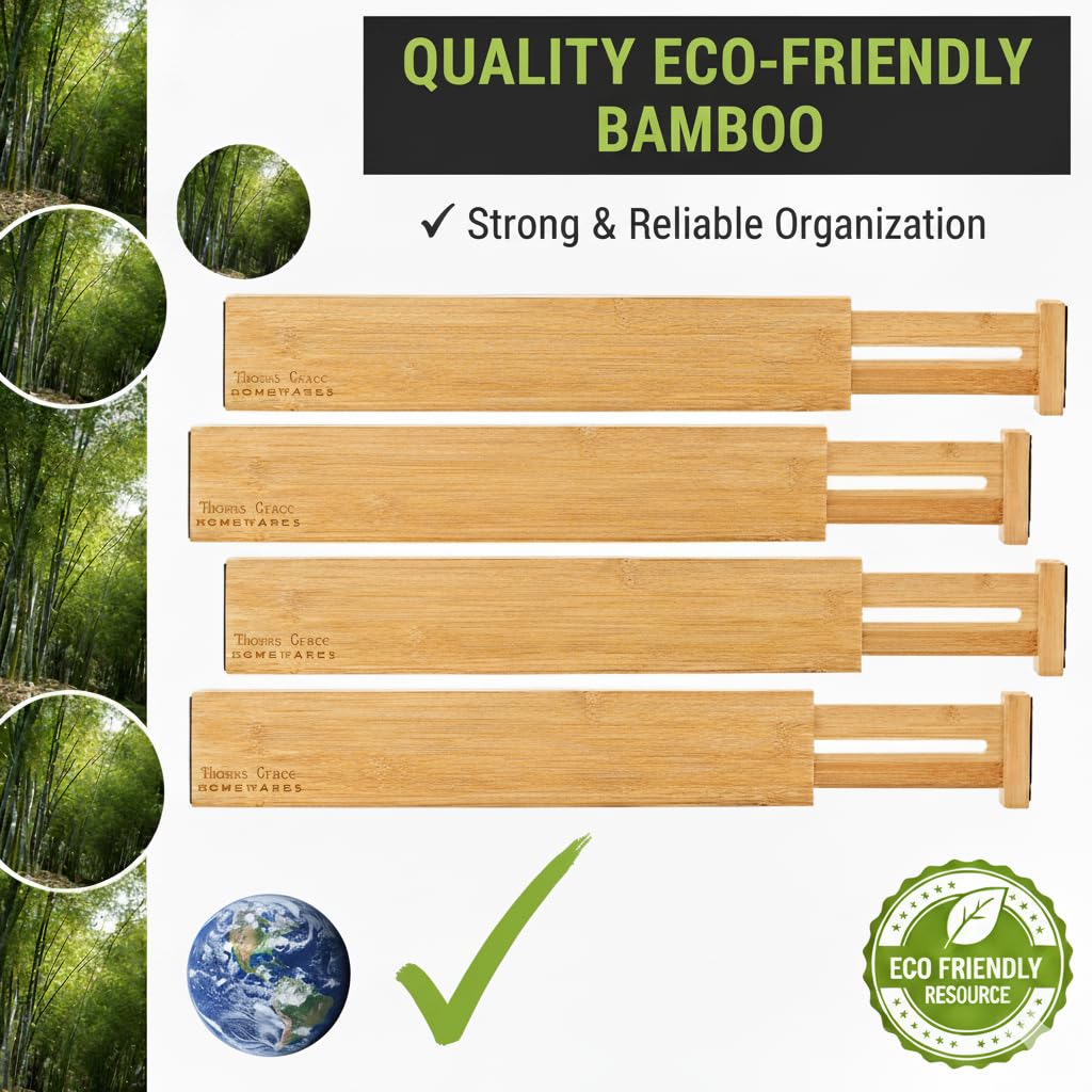 Thomas Grace Homewares Bamboo Kitchen Drawer Organizer Divider Stackable for Deep Drawers. (Set-of- 4) Spring Loaded Dividers that are Expandable & Adjustable. Kitchen Organizer.