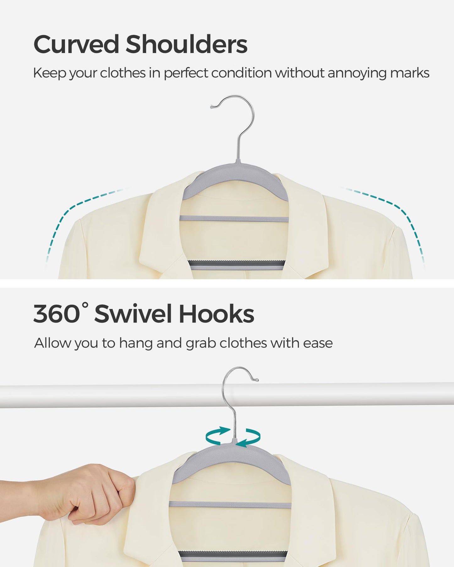 SONGMICS Pack of 50 Coat Hangers, Space-Saving Plastic Clothes Hangers, Non-Slip, 0.2 Inches Slim, 16.5 Inches Wide, 360° Swivel Silver Hook, Light Gray and Dark Gray UCRP20G50