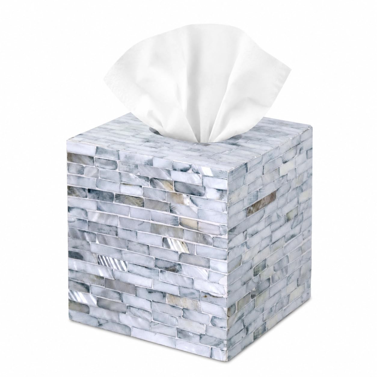 PEMAR Mother of Pearl Inlay Decorative Tissue Holder - Handcrafted Wooden Tissue Box Cover for Small Cube Tissue Boxes Only (Max Inner Size 4.7”) for Bathroom, Living Room & Office (Blue)