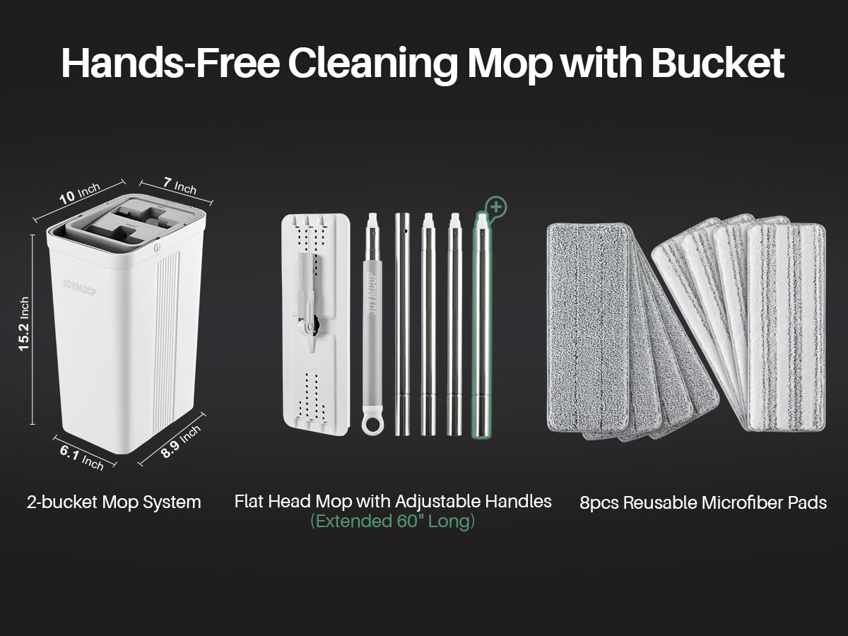 JOYMOOP Flat Mop System, Microfiber Mop and Bucket Set, White, Household & Commercial Floor Cleaning Mop with Long Handle, Wet Dry Use, Includes 8 Mop Pads