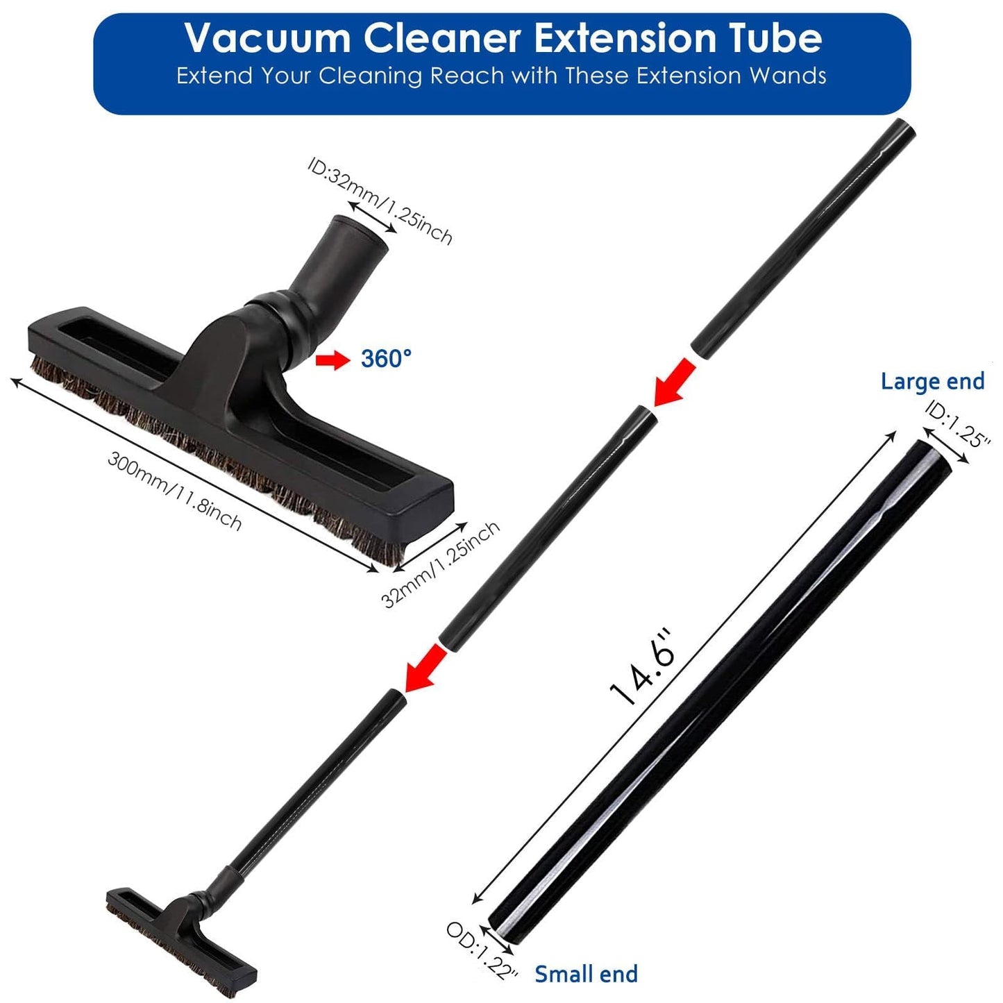 14 PCS Universal Vacuum Attachments & Brushes Kit for Shop Vac Accessories & Household Cleaning, Includes 2 1/2" to 1 1/4" and 1 7/8" to 1" Vacuum Hose Adapter,Crevice Tool & 3 Vacuum Extension Wands