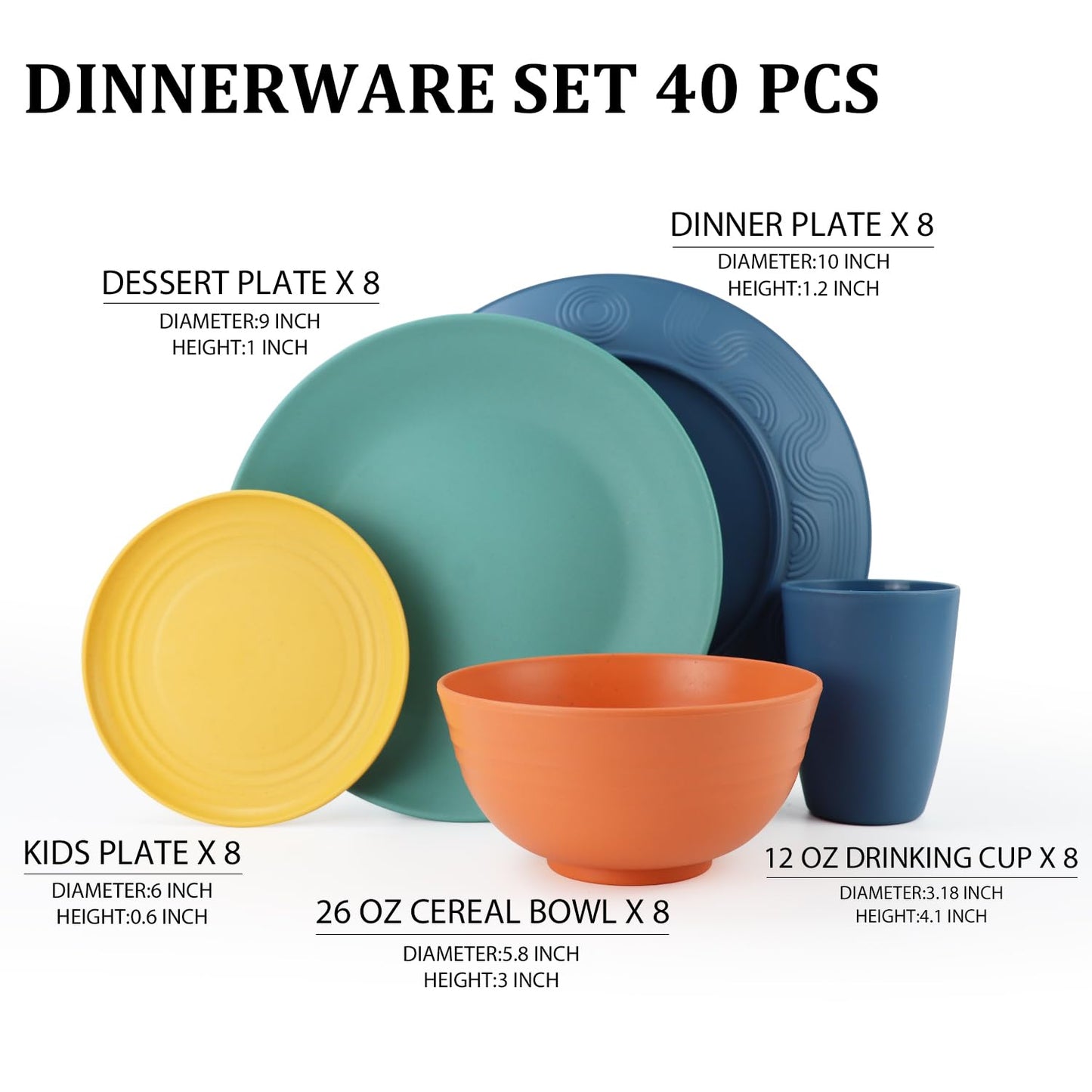 Perlapoc Wheat Straw Dinnerware Set 40 PCS - Service for 8 | Plates and Bowls Sets | Unbreakable Dishes Set - Dinner Plates, Dessert Plate, Cereal Bowls, Drinking Glasses, Dishwasher Safe - Multi
