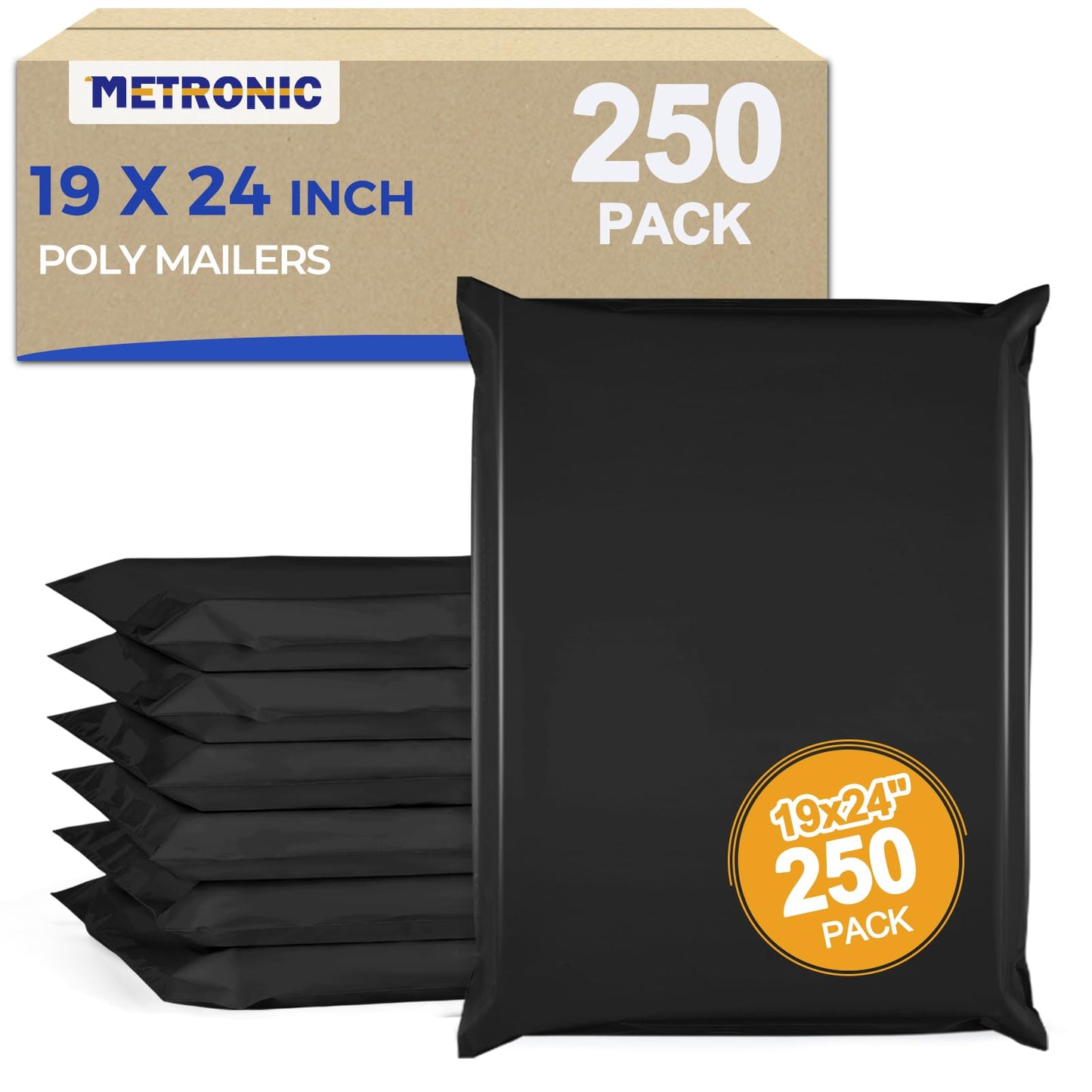 Metronic Poly Mailers 19x24 250Pcs Large Shipping Bags for Clothes,Heavy Duty Shipping Envelopes Bulk for Small Business,Strong Adhesive Self-Seal Plastic Mailing Bags for E-Commerce Packaging, Black