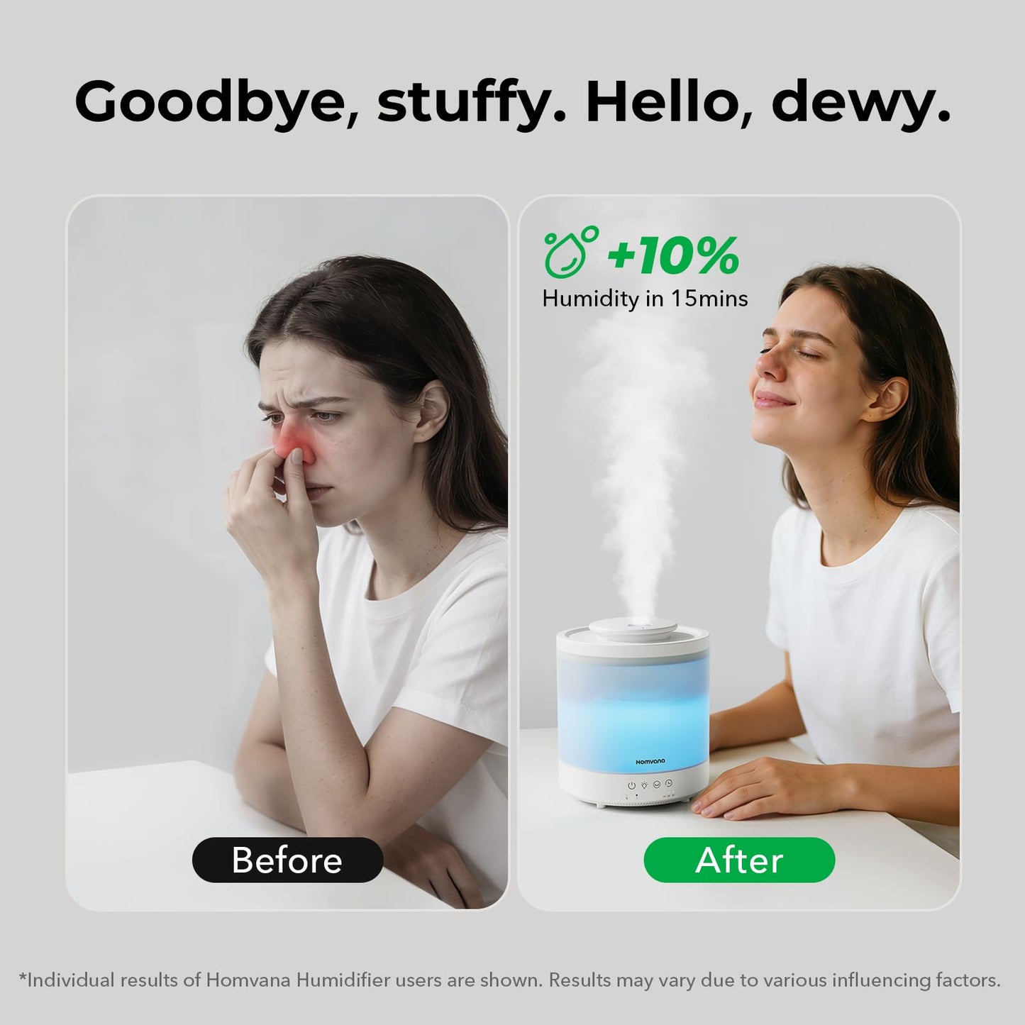 Homvana Small Humidifiers for Bedroom - 2 Packs 1.5L Cool Mist Top Fill Humidifier for Baby Nursery, Essential Oil Diffuser, 3 in 1 for Home Plants Offices and Grow Tents, 7 Color Lights, Ultrasonic