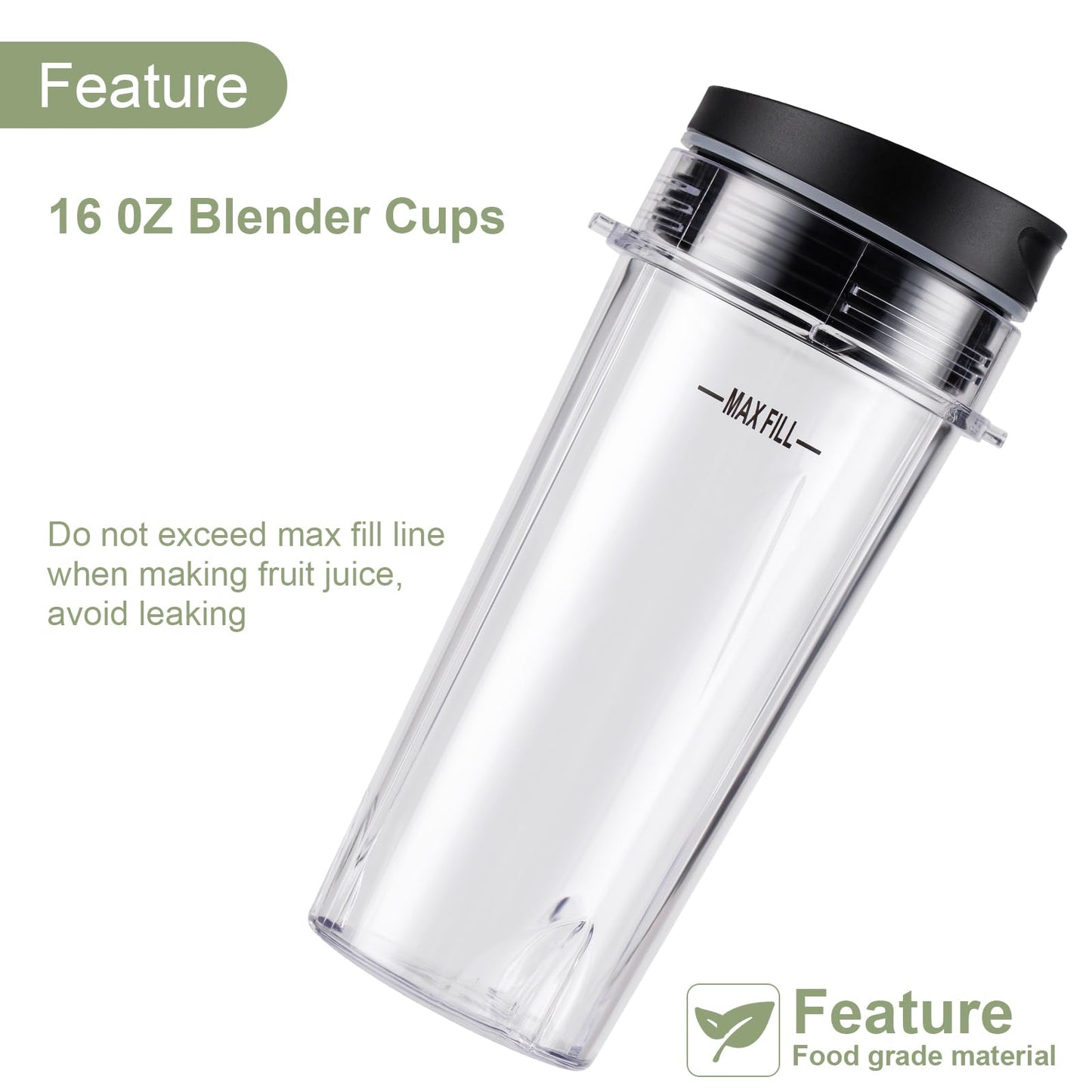Equust 5-piece Blender Cups Replacement for Ninja Single Serve 16oz Cups with Sip & Seal Lids, 6 Fins Extractor Blade Compatible with Ninja Blenders Pro BL660 BL663 BL663CO BL665Q BL740 BL770