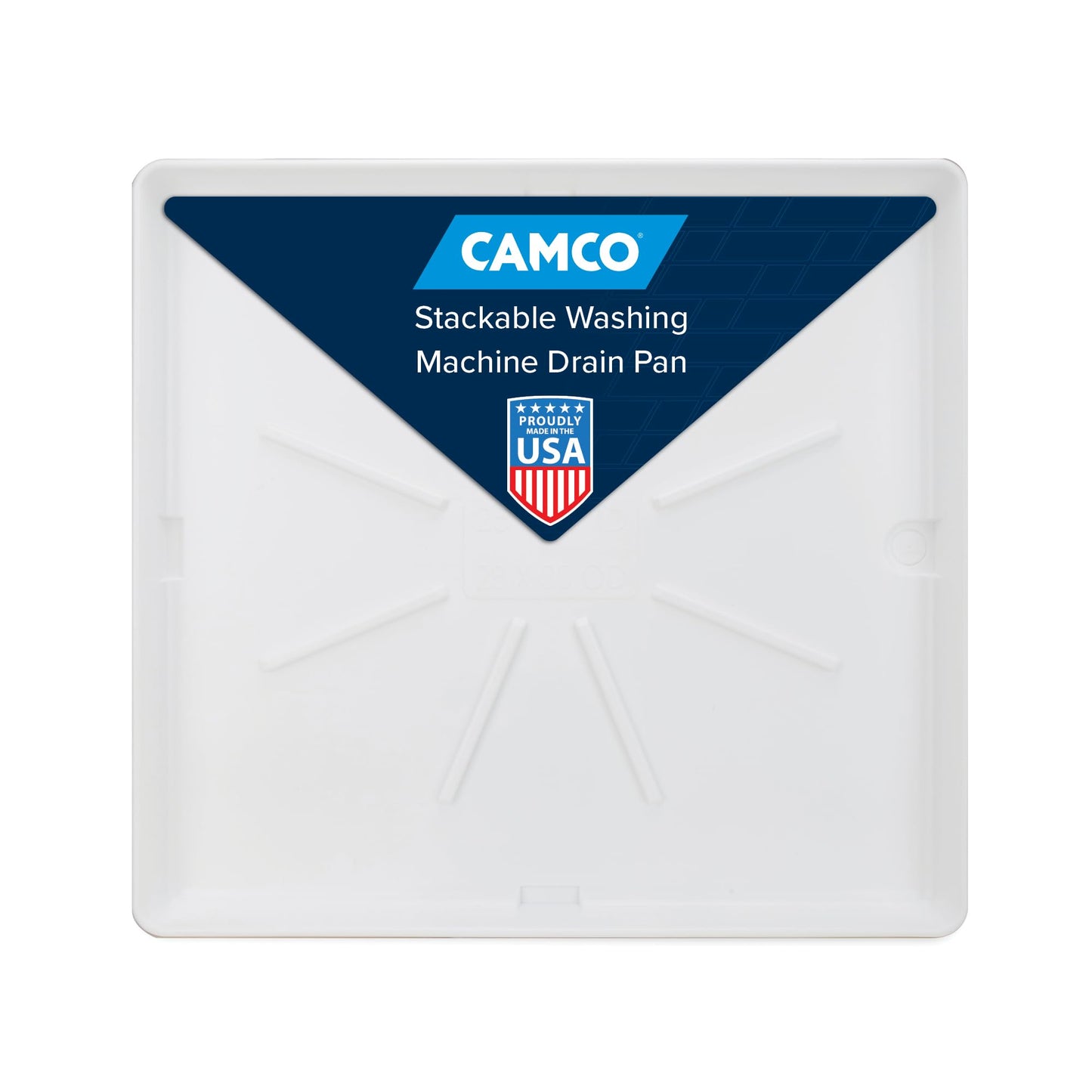 Camco Stackable Washing Machine Drain Pan - Measures 25″ (L) x 27″ (W) ID & 28″ (L) x 30″ (W) x 2 7/16″ (H) OD - Great for Apartment-Sized Washers/Stackable Units - 1"/1.5" PVC Drain Fitting (21006)