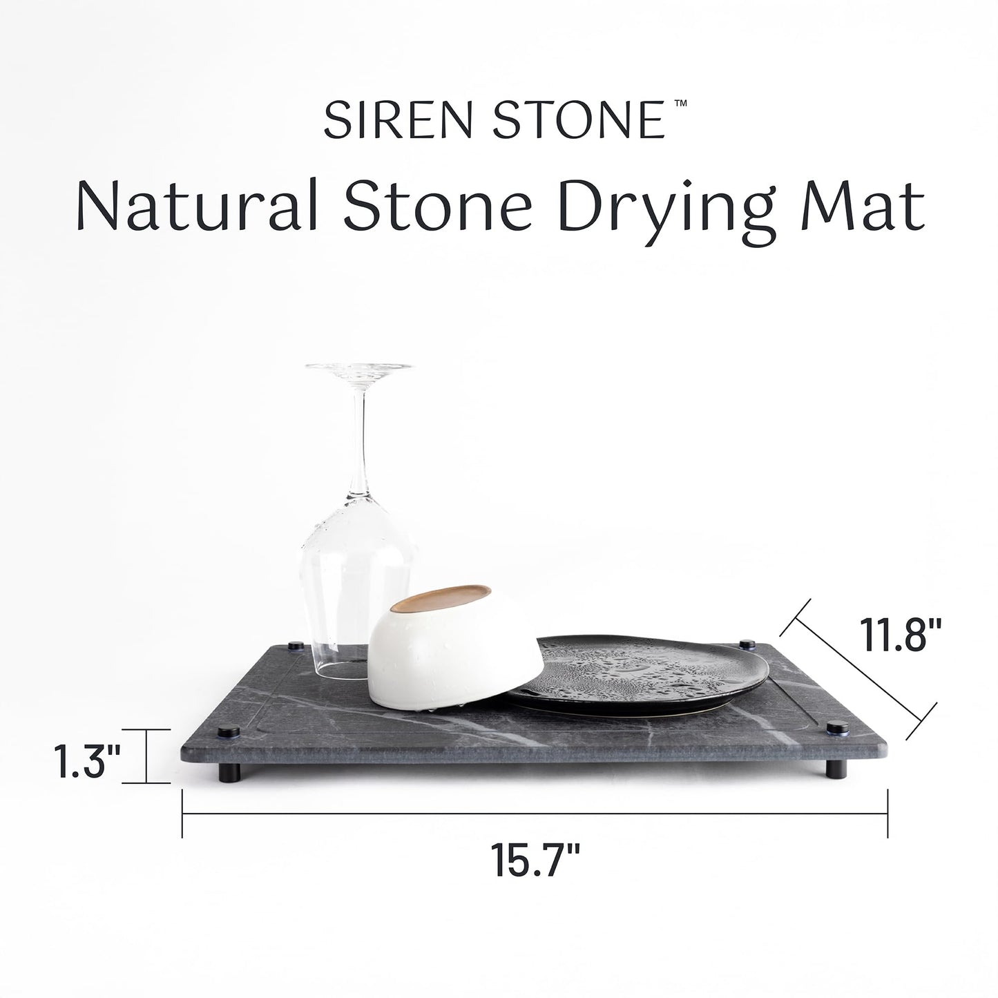 Siren Stone Natural Stone Dish Drying Mat 15.7" x 11.8", Slate Color - Diatomaceous Earth Kitchen Mat | Quick Drying, Non-Toxic, BPA-Free, Eco-Friendly | Female-Founded USA Brand