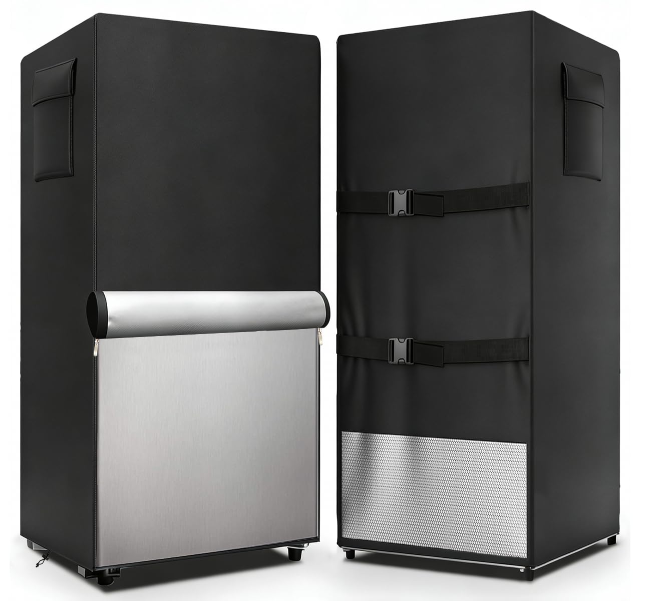 Dalema Outdoor Refrigerator Cover,600D Heavy Duty 100% Waterproof Upright Freezer Cover,Outside Stand Up Fridge Covers.Front Can Be Rolled-Up by Zippers.(Black,33" W x 33" D x 67" H)