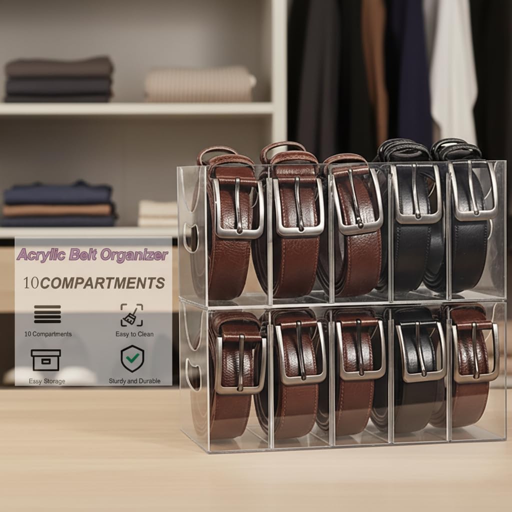 Hualinsyi Belt Organizer,Acrylic Belt Organizer for Closet with Removable Dividers 5 Compartments & Handles Drawer organization and storage for Purse,underwear, Socks,and Ties (2pack)