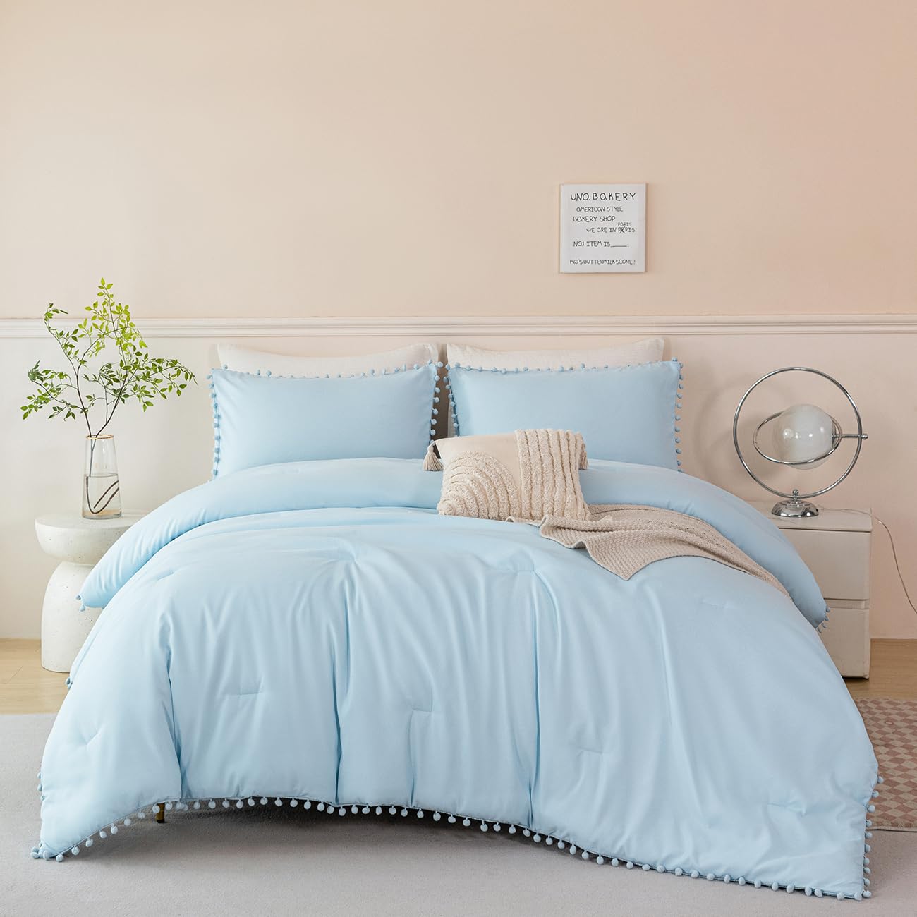 PERFEMET 5 Pieces Twin Bedding Sets Light Blue Pom Pom Comforter Set for Girls Boys Soft Fluffy Solid Boho Bed in A Bag with Comforter and Sheets(Light Blue, Twin)