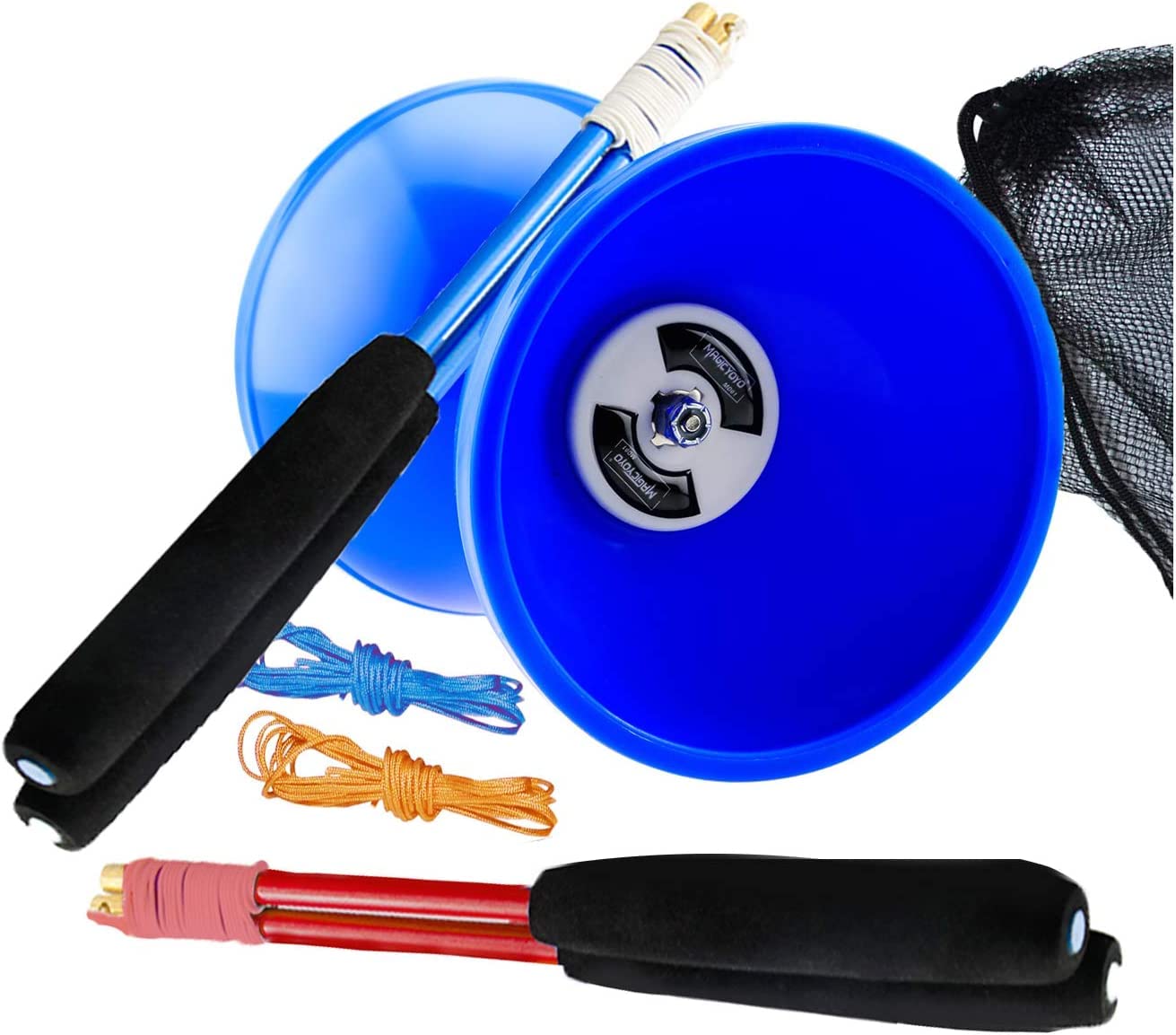 MAGICYOYO Pro Triple Bearing Diabolo Medium Size 5” Blue Chinese Yoyo Toy with 2 Pair Carbon Sticks+ 2 Extra Strings +1 Net Bag, High Performance Chinese Yoyo Diabolo Skill Toy