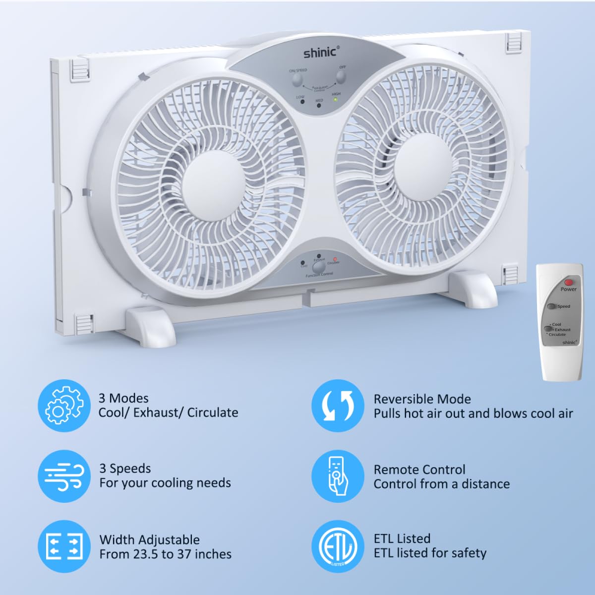 shinic Window Fan with Reversible Airflow, Twin 9" Blades, Full Remote Control, 3 Functions-3 Speeds, Bathroom Kitchen Window Exhaust Fan, Width Adjustable (From 23.8" to 37") ETL Certified