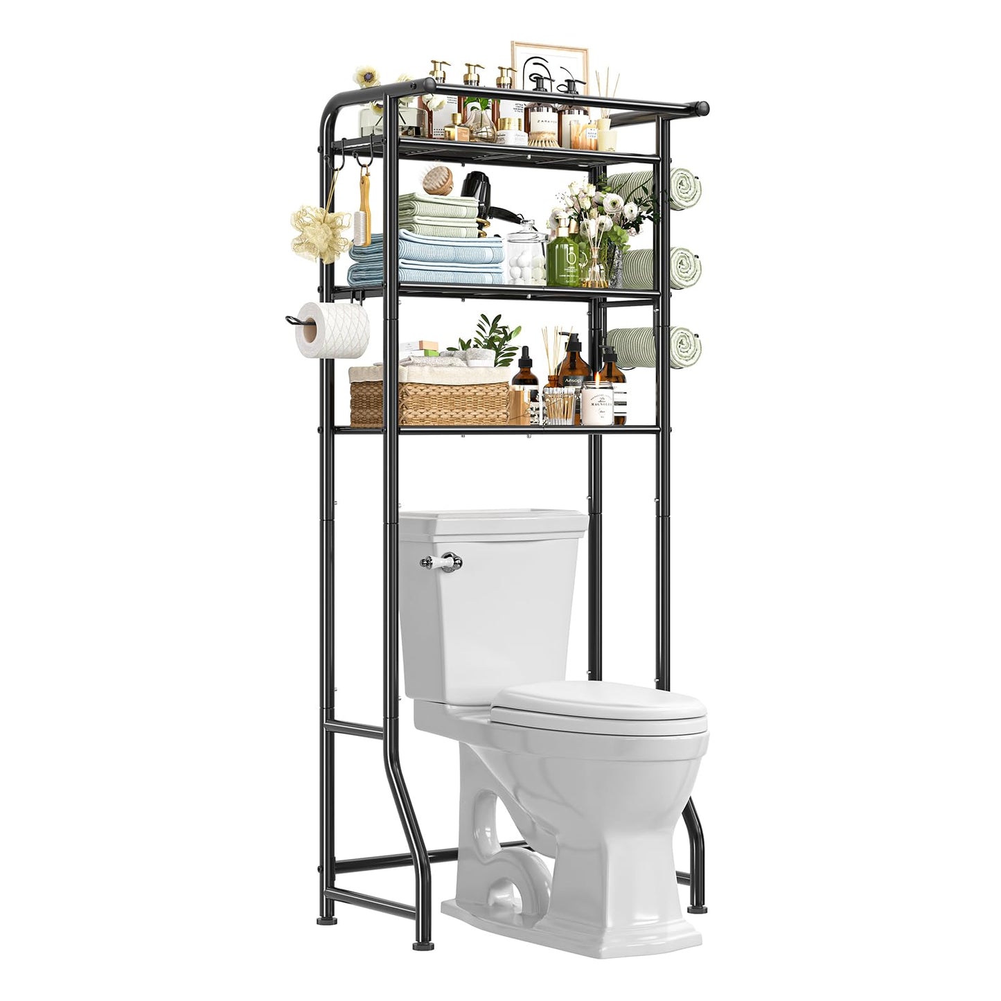 Simple Trending Over The Toilet Storage Cabinet, Metal Bathroom Shelf Organizer with Paper Holder and Hooks, 3 Tier, Black