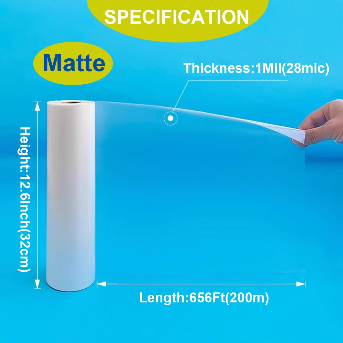 Huikizne 12.6Inchx656Ft Standard Matte Thermal Laminating Film BOPP Thermal Film Hot Roll Laminating Film, 1Inch Core, 1Mil(28mic) Thickness Laminate Rolls