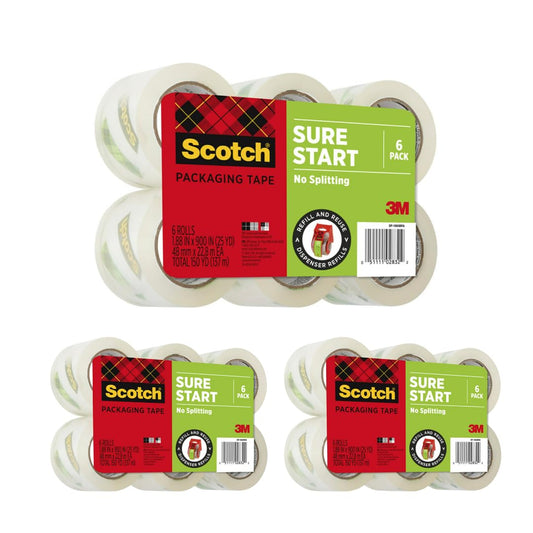 Scotch DP-1000RF63PK Sure Start Packing Tape,1.88 in. x 25 yd., 1.5" Core (Pack of 3, 18 Total Rolls, Transparent)