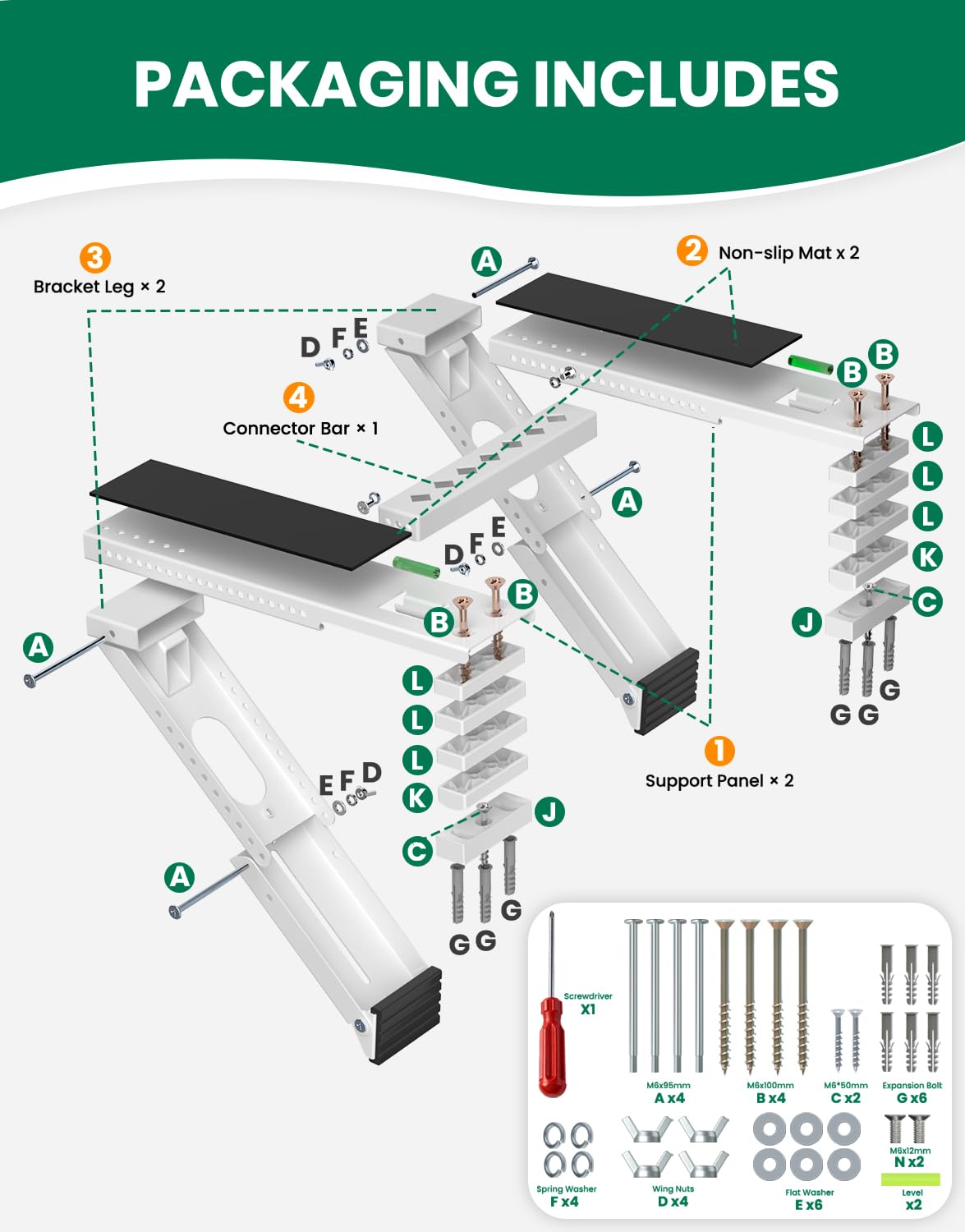 Plusluck Window Air Conditioner Support Bracket: Heavy Duty Window AC Bracket with 2 Arms, Up to 220 lbs - Universal Fit 5,000 to 24,000 BTU Window Units - Adjustable Crossbar Level Non-Slip Mat