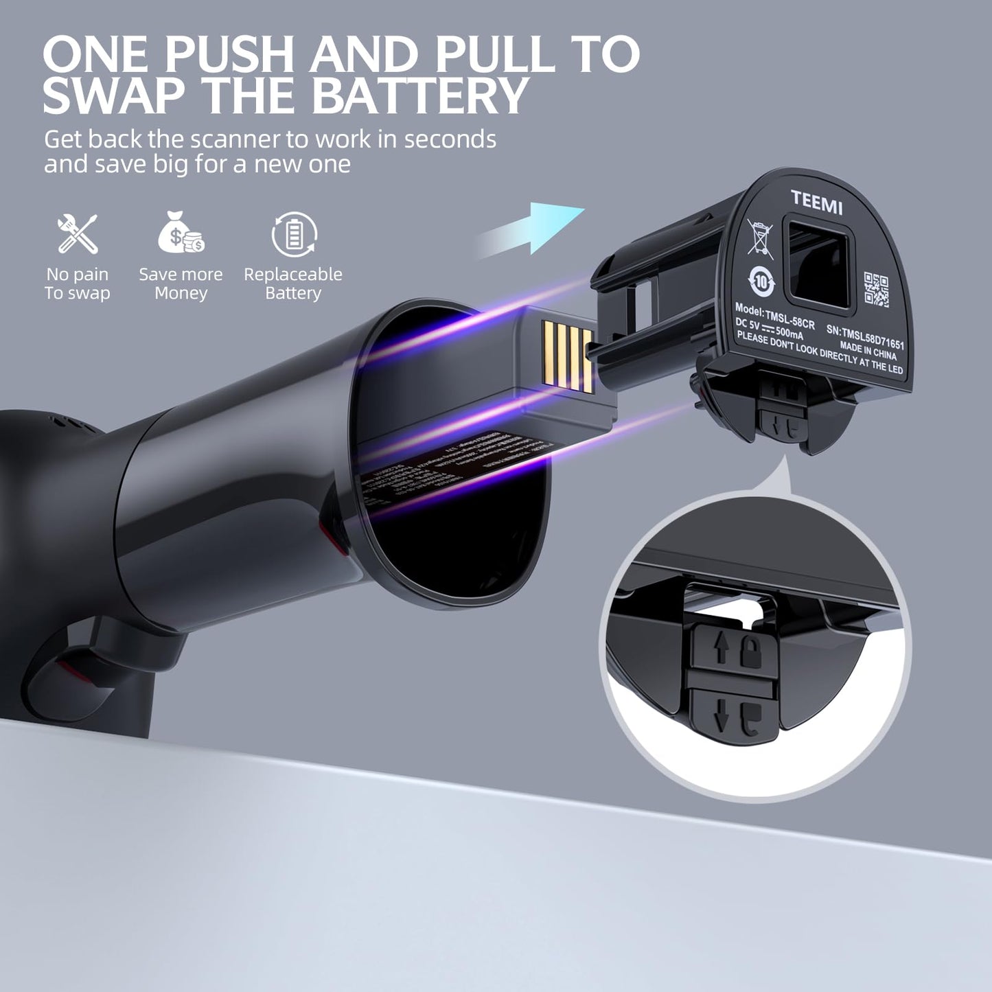 TEEMI TMSL-58CR 2D Bluetooth Barcode Scanner with USB Cradle, Easy Replaceable Battery, Handsfree Auto Scanning, Rechargeable Wireless UPC QR Code Reader for Warehouse, Supermarket, Retail Store POS