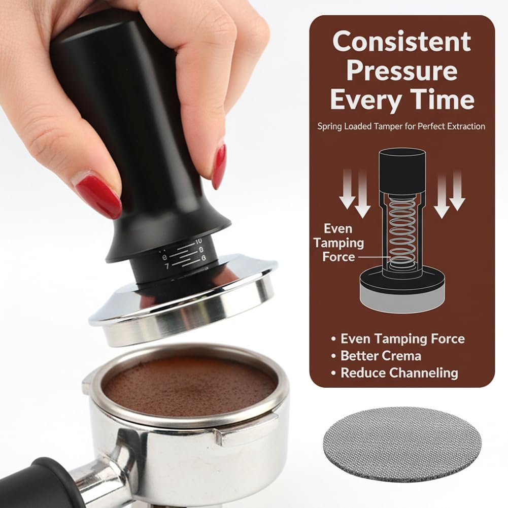 25 Pcs Professional Espresso Coffee Barista Accessories Set, 51mm Spring Loaded Tamper, WDT Tool, Coffee Distributor, Magnetic Dosing Funnel, Puck Screen, Wooden Tamper Station