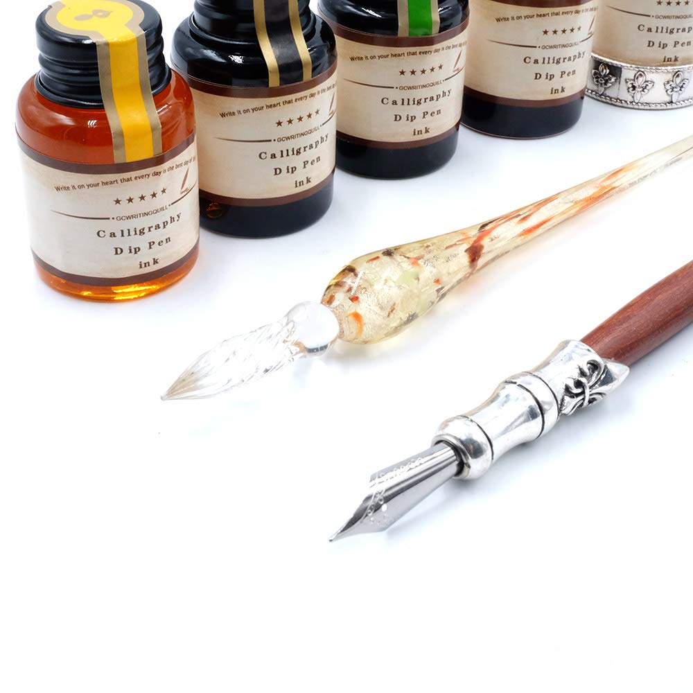 GC QUILL MU-02 Calligraphy Pen Set, Glass Dip Pen and Handcrafted Wooden Dip Pen Gift Set with 5 Colors Calligraphy Ink 6 Nibs, Calligraphy Set for Beginners