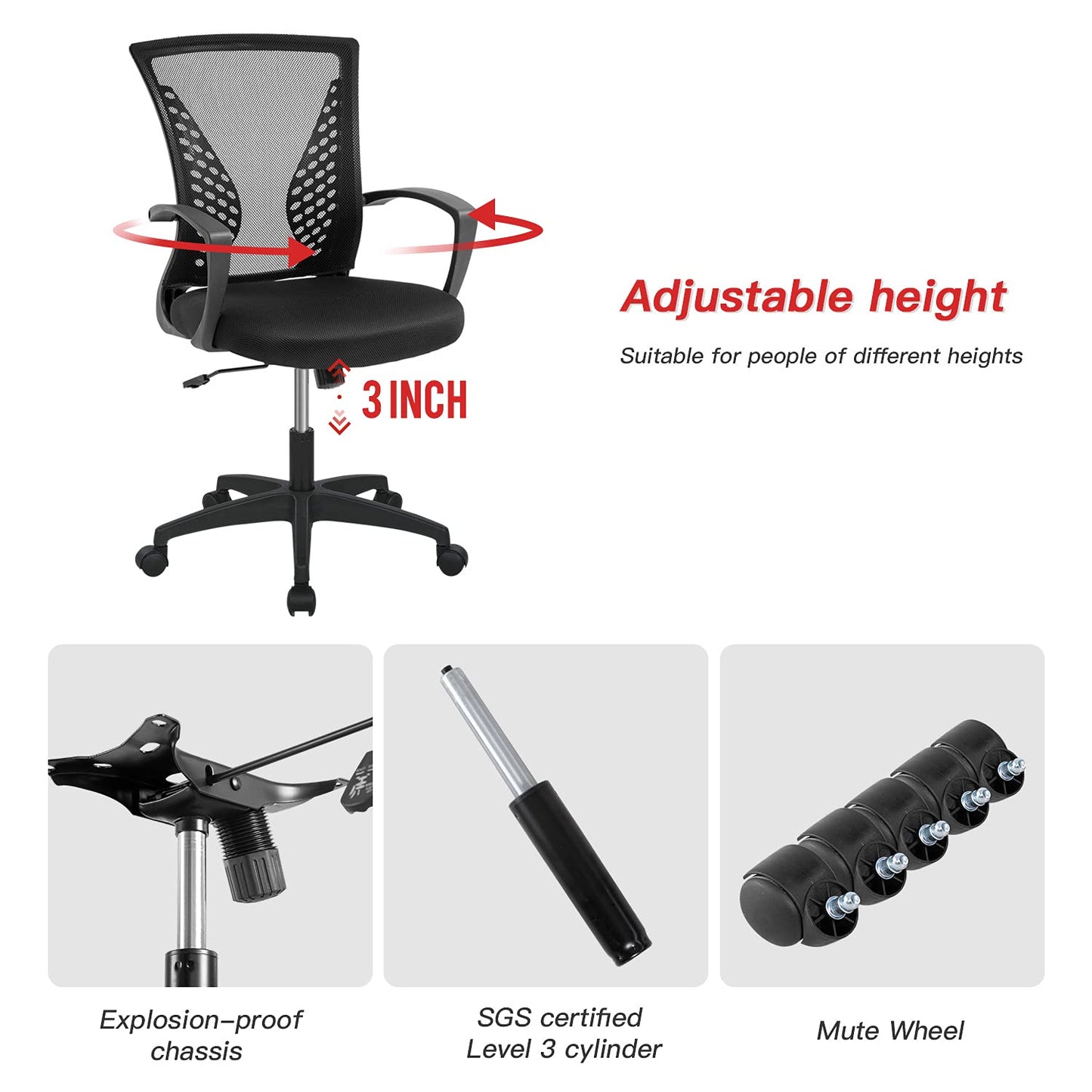 Office Computer Mesh Chair Ergonomic Mid Back Swivel Rolling Desk Chair with Armrest Height Adjustable Lumbar Support x ,Black