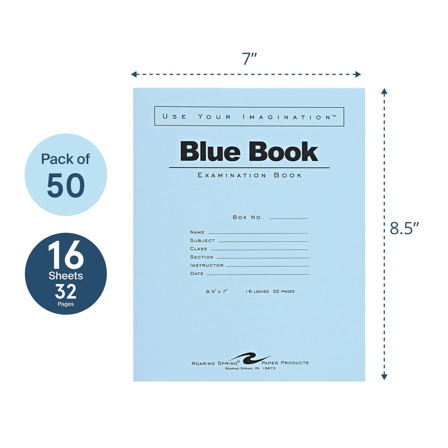 ROARING SPRING Exam Blue Books, 50 Pack, 8.5" x 7", 16 Sheets/32 Pages, Wide Ruled with Margin, Proudly Made in the USA