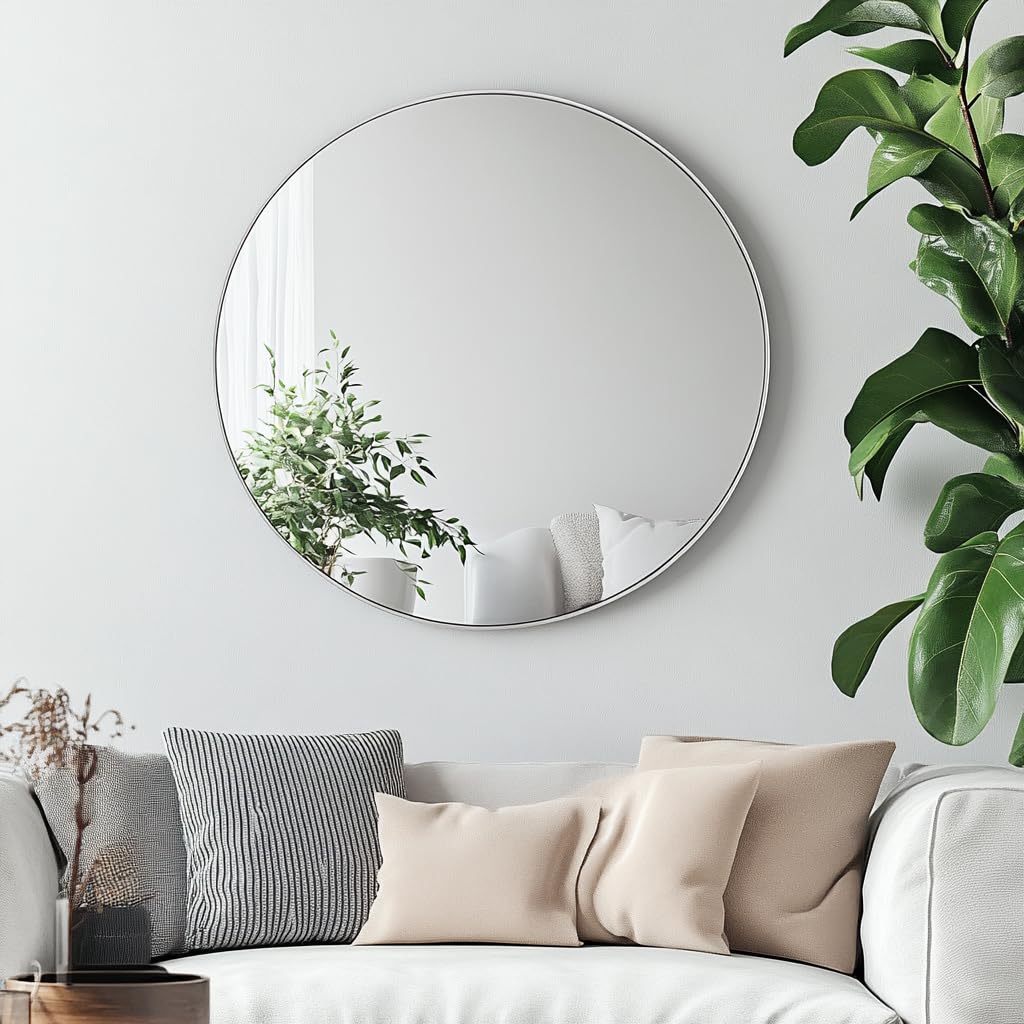 Oruii Silver Round Mirror, Round Mirror 24 inch Brushed Nickel, Circle Wall Mirrors Metal Frame, Silver Circular Mirrors for Bathroom, Wall, Living Room, Entryway, Hallway, Vanity, Rustic