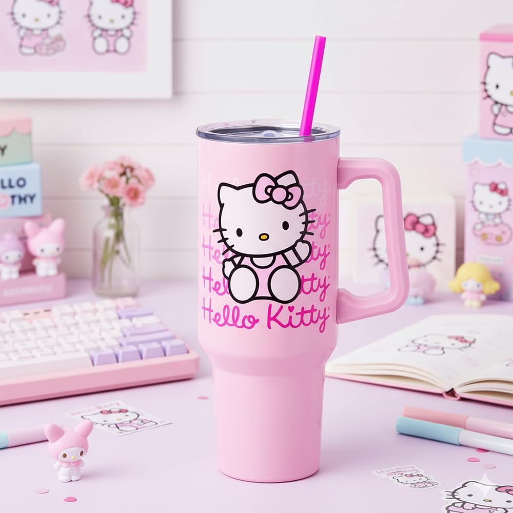 Silver Buffalo Sanrio Hello Kitty Waving Double Walled Stainless Steel Tumbler with Handle and Straw, Fits in Standard Cup Holder, 40 Ounces