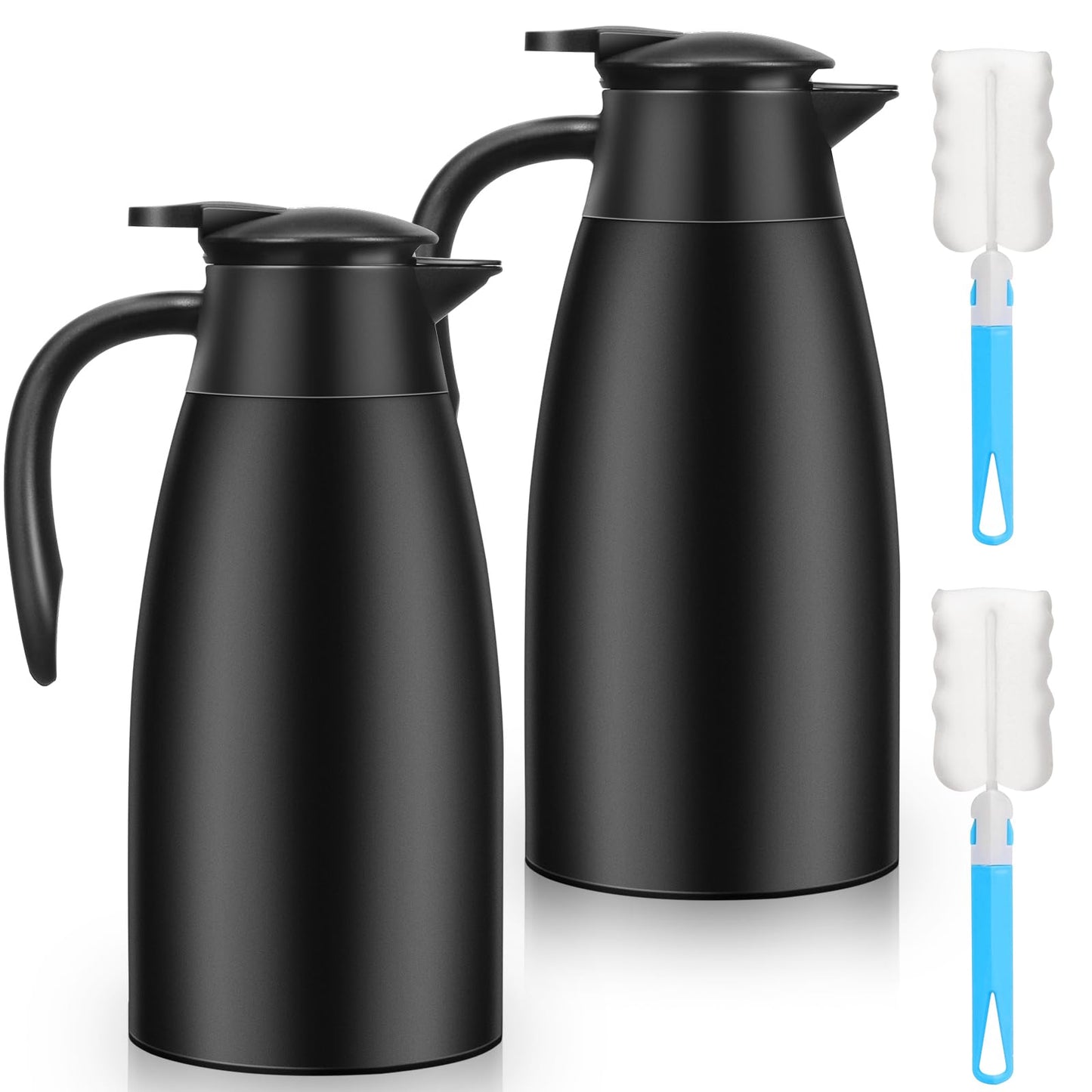 Essenya 2 PCS 68 OZ Thermal Coffee Carafe, Insulated Stainless Steel Coffee Carafe Double Walled Vacuum Thermal Pot Flask with Brushes for Keeping Hot Coffee Tea Home and Office (Black)