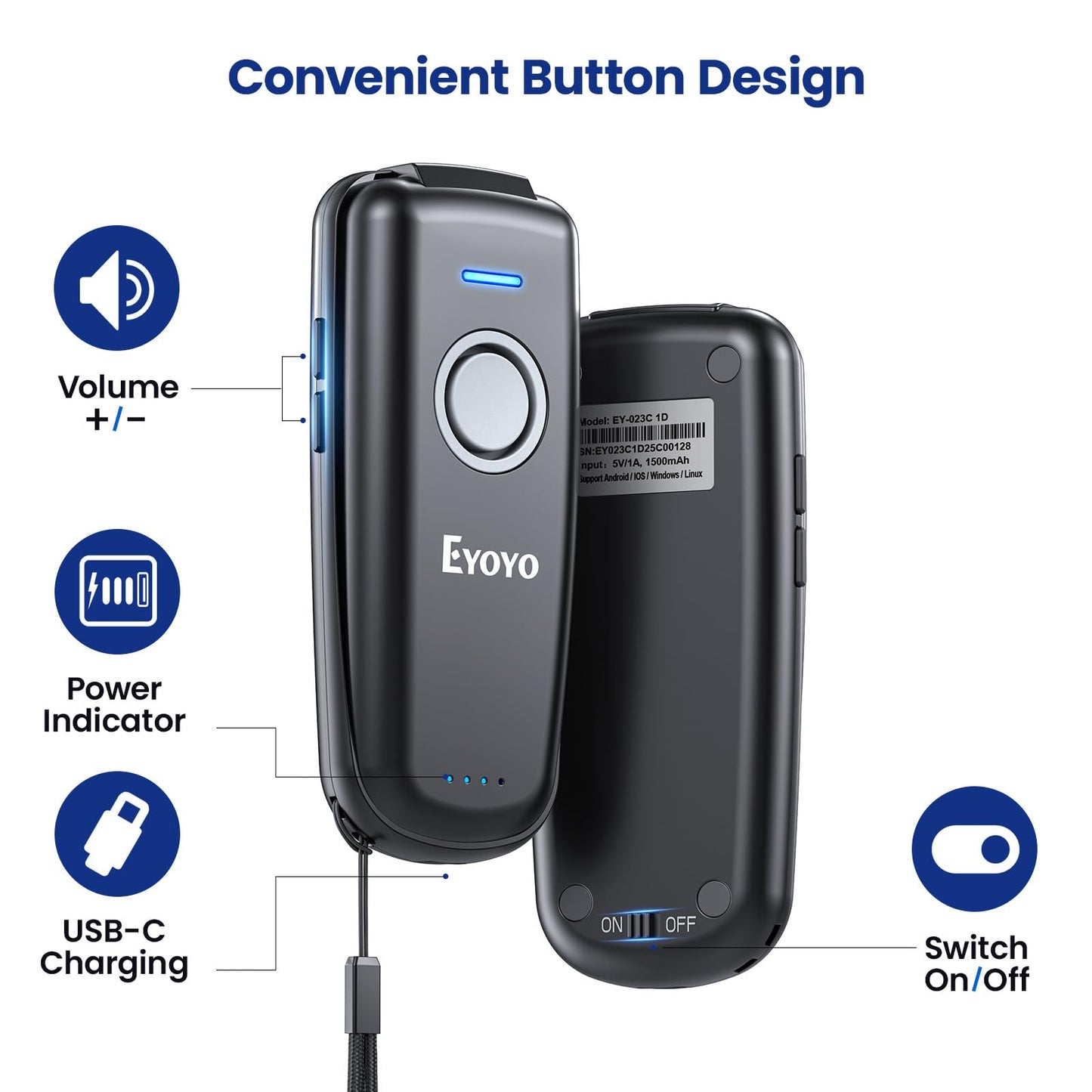 Eyoyo Mini Barcode Scanner Wireless: Portable 3-in-1 Bluetooth Bar Code Scanner with Battery Level Indicator, USB CCD Image Reader for Small Business Compatible with iPhone iPad Android POS Computer