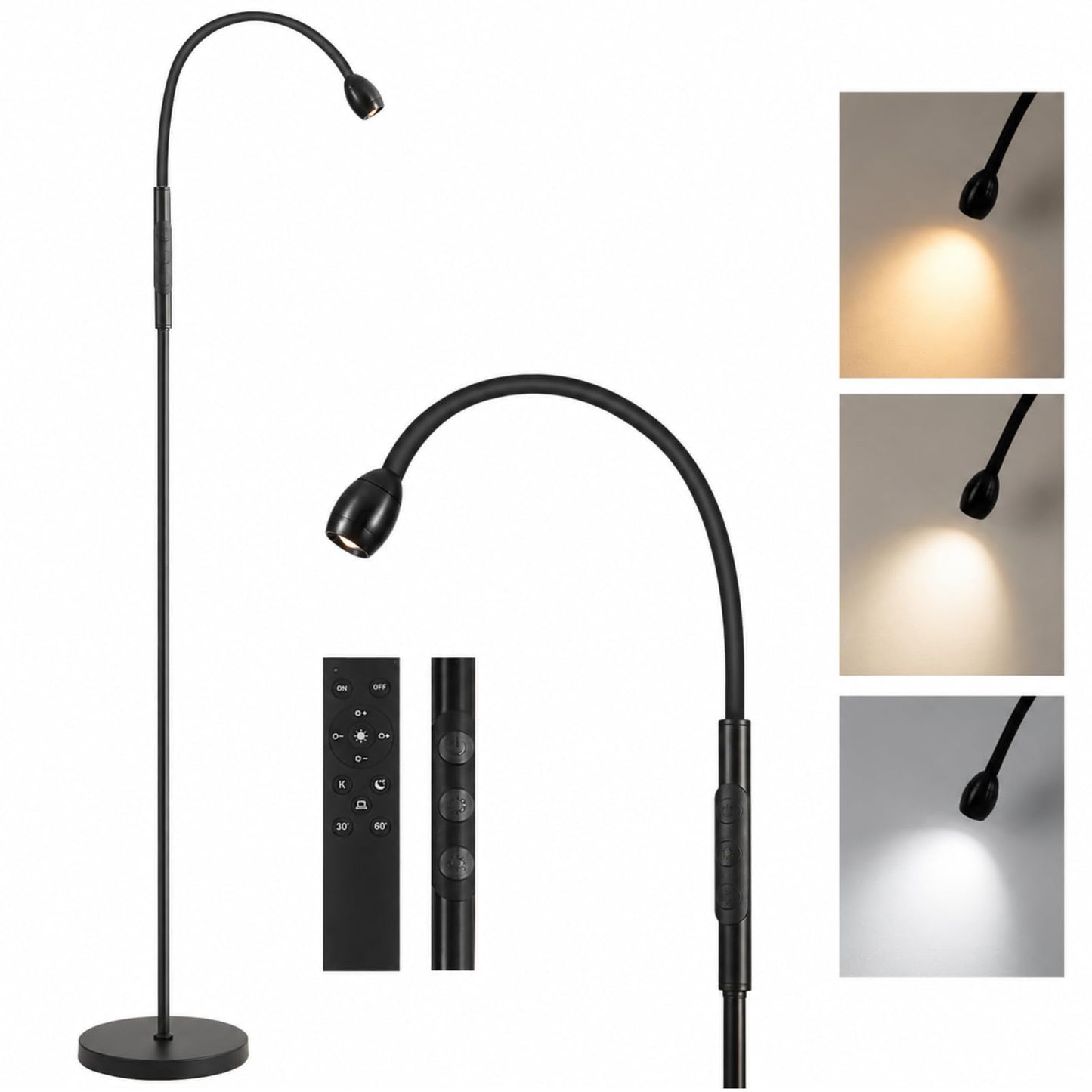 Powfloven LED Beam Reading Floor Lamp, 360° Adjustable Standing Floor Lamp with Flexible Gooseneck, Timer and Zoomable Spotlight, Black Task Bright Lights with Remote for Living Room, Bedroom
