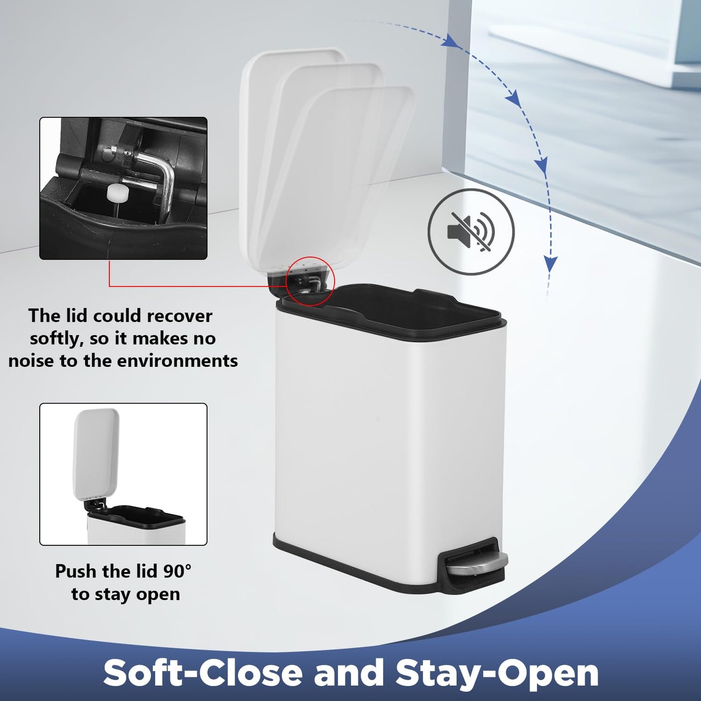 BestOffice Bathroom Trash Can with Lid, 1.3 Gallon Step Pedal Small Trash Can, White Stainless Trash Bin for Bathroom, Bedroom, Kitchen, Office (5L)