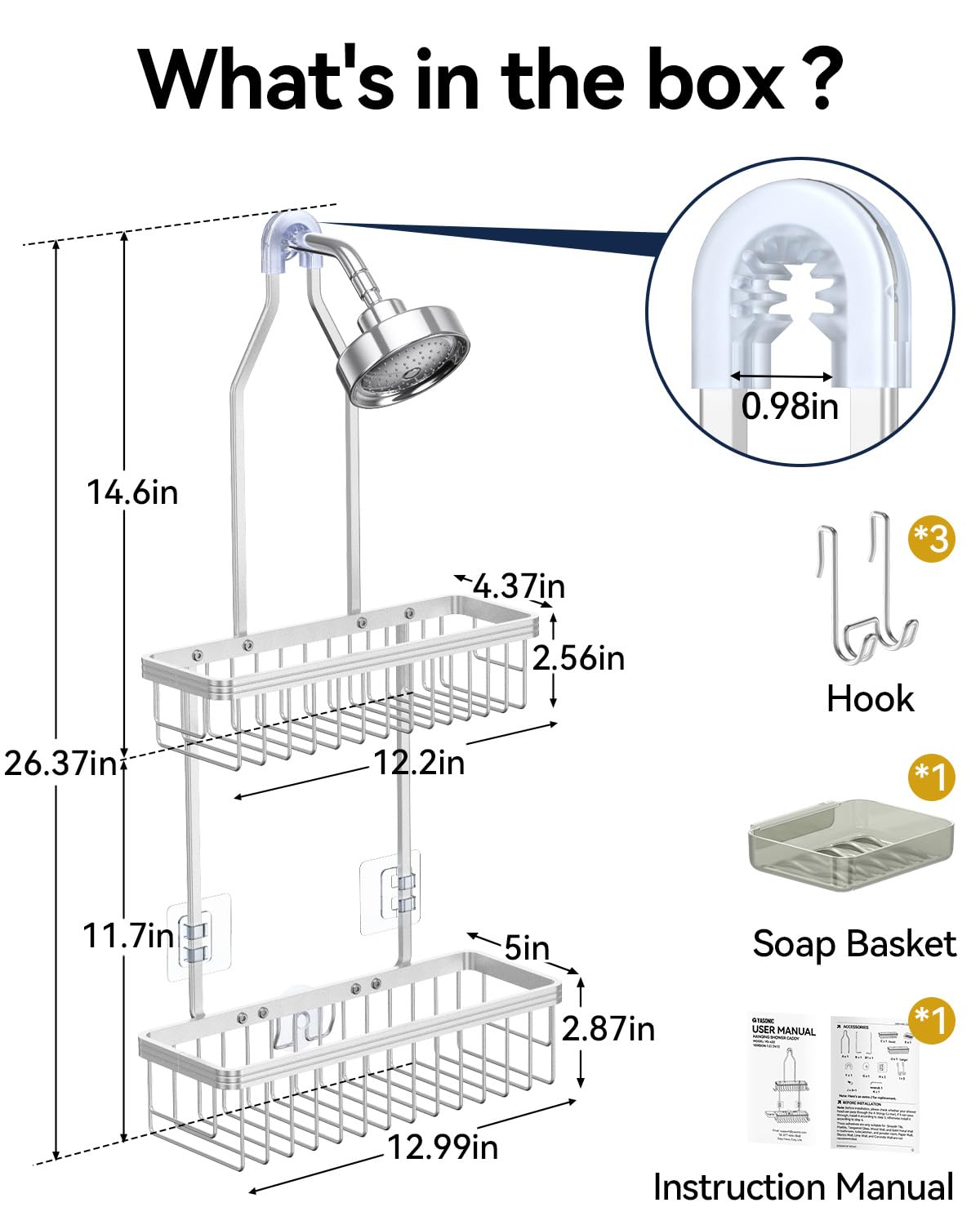 YASONIC Shower Caddy Hanging, Never Rust Shower Organizer Hanging, Aluminum Shower Racks for Inside Shower with Hooks for Razor, Bathroom Organizers and Storage with Soap Holder, Bright Silver