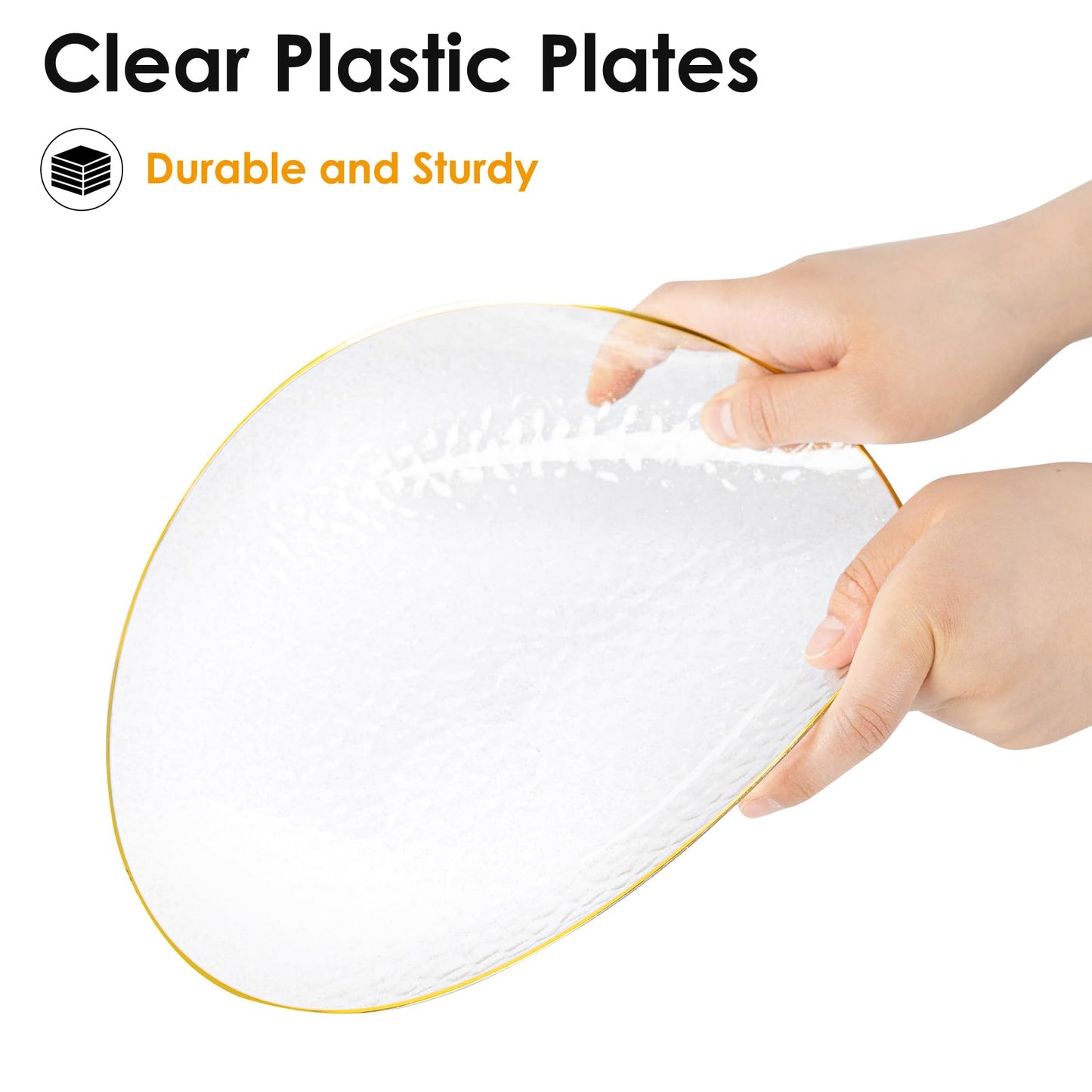 Lullaby 100PCS Clear Plastic Plates with Gold Rim, Includes 50pcs Dinner Plate 10” and 50pcs Dessert Plate 7”, Disposable Heavyduty Plates for Birthdays, Parties and Wedding