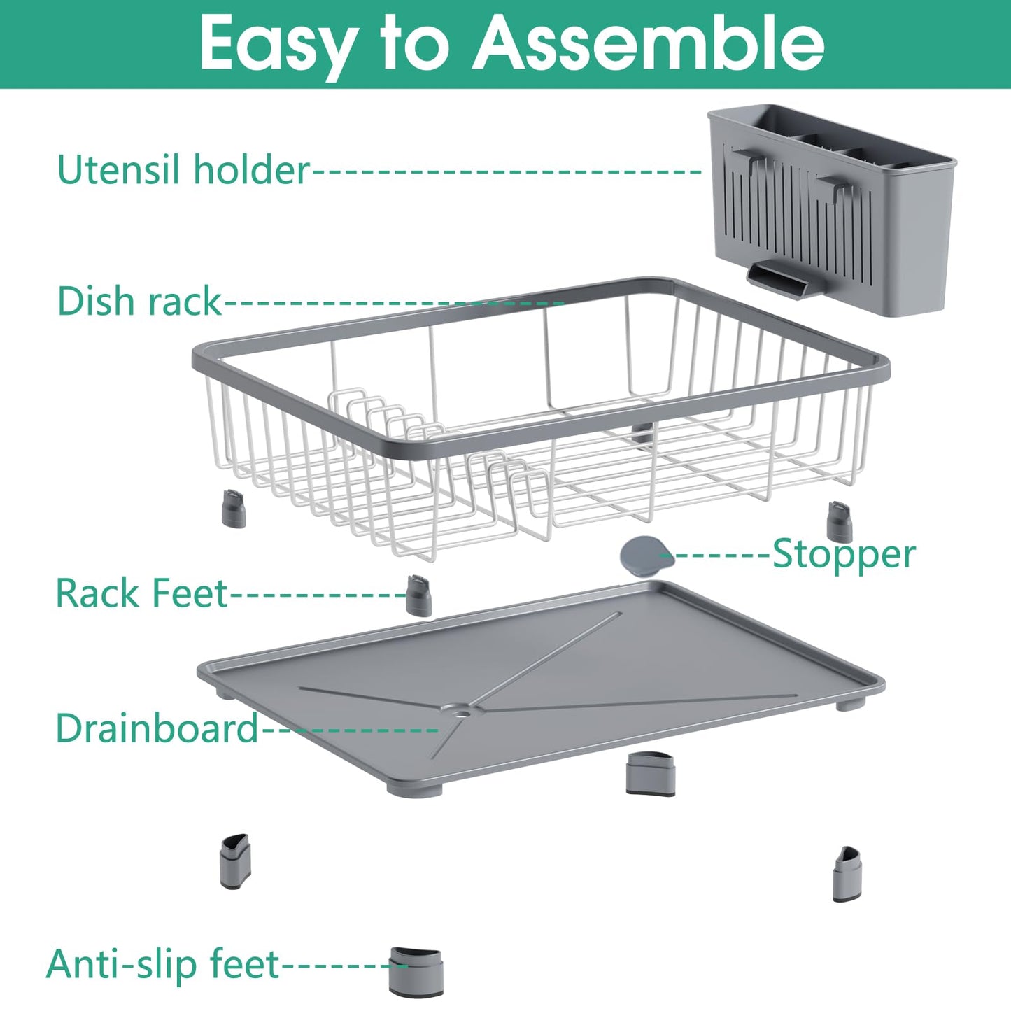 Hiviweer Dish Drying Rack - Space-Saving Dish Rack,Dish Racks for Kitchen Counter with Drainboard, Rustproof Dish Drainer with a Removable 4-Compartment Utensil Holder,Gray