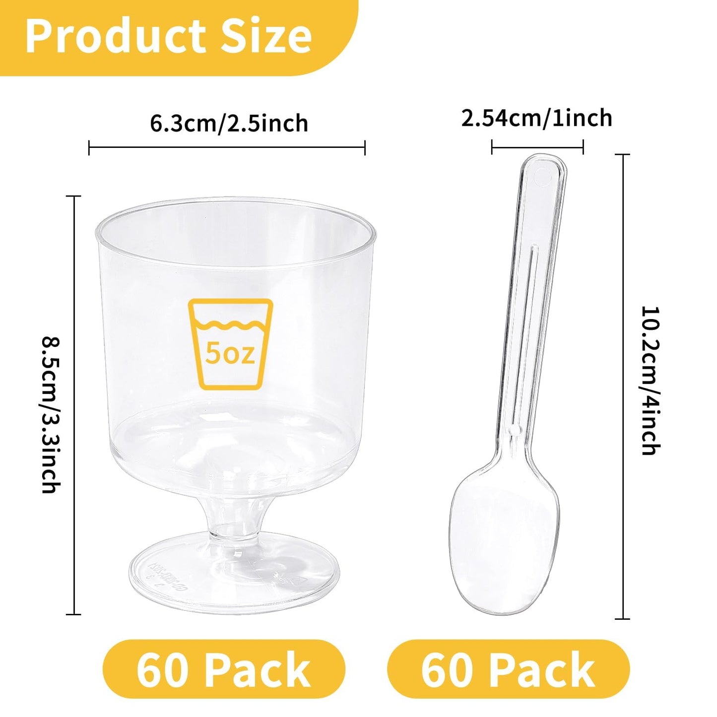 Fracurs 120 Pack Plastic Dessert Cups Set 60 Pcs 5Oz Clear Mini Parfait Cup with 60 Spoons for Party, Disposable Round Serving Golblet Wine Shot for Pudding, Fruit, Yogurt, Ice Cream, Appetizer Bowl