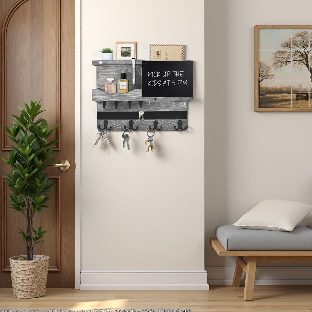 HEKOOLA Key Holder for Wall Mount with Shelf and Mail Organizer, Key and Mail Holder with 16 Hooks, Farmhouse Entryway Organizer, Home Decor Rack(Pine Wood,Washed Gray)
